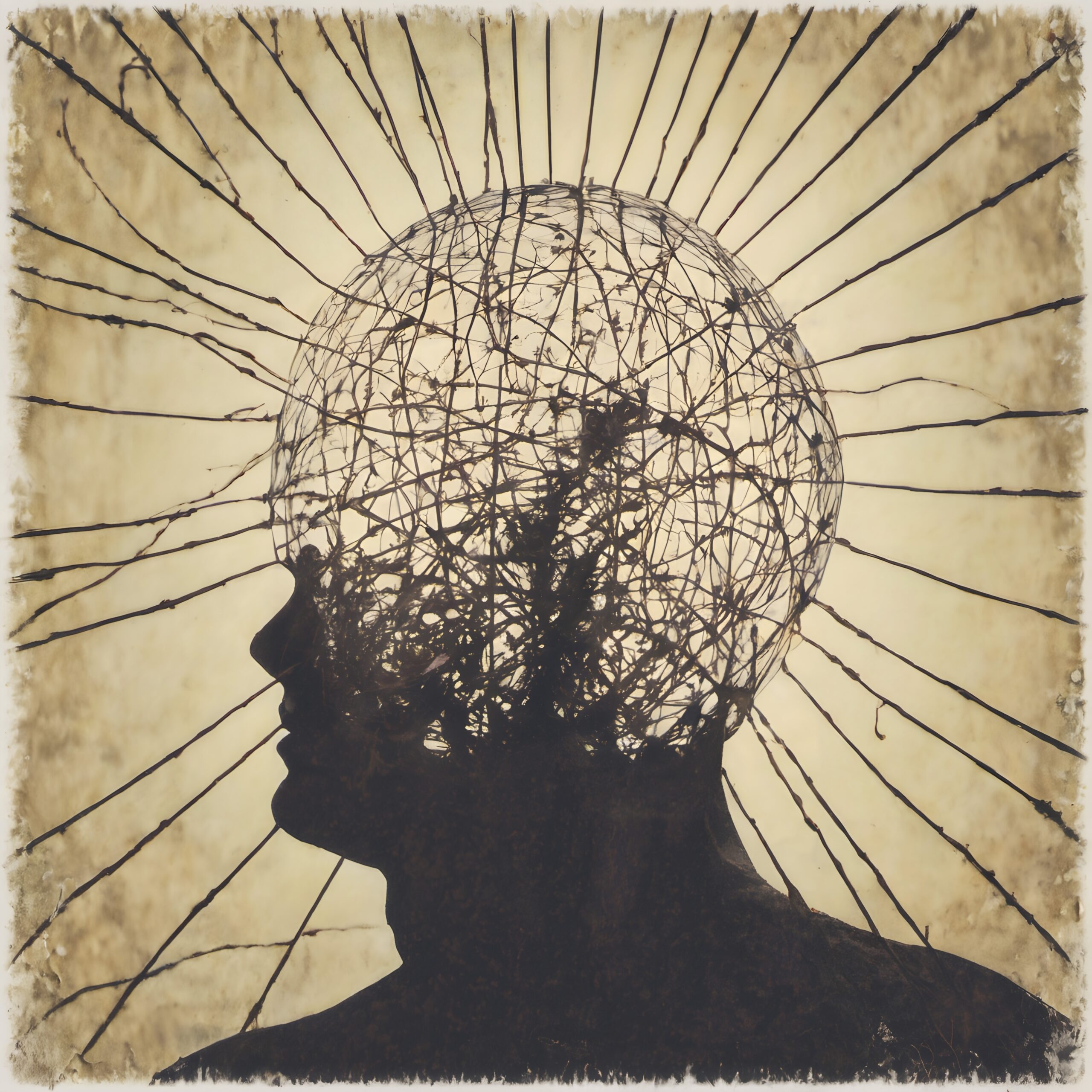 Silhouette of a head filled with tangled wires symbolizing complex thoughts and chaos.