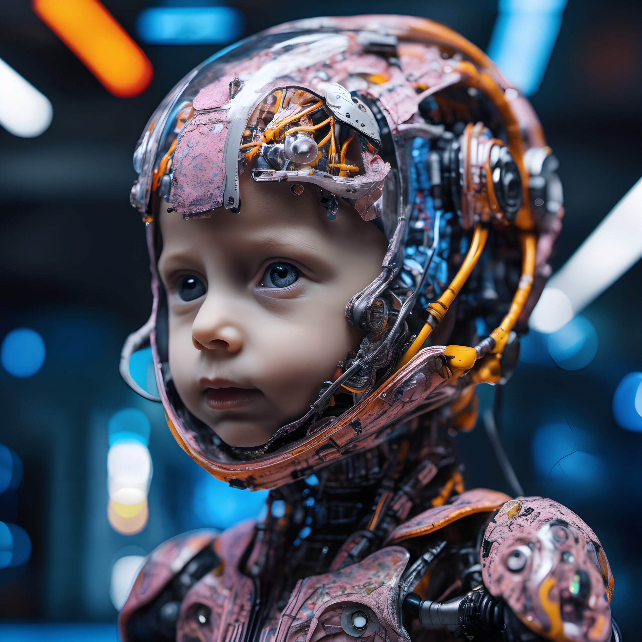 A child with stunning robotic enhancements, merging innocence with futuristic technology.