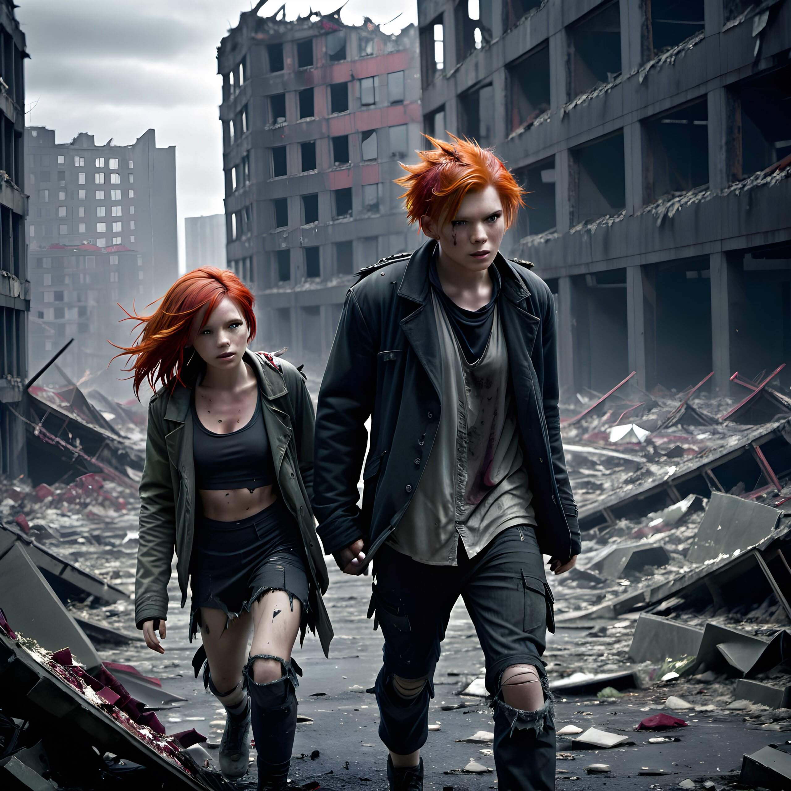 Two survivors walk through post-apocalyptic ruins together