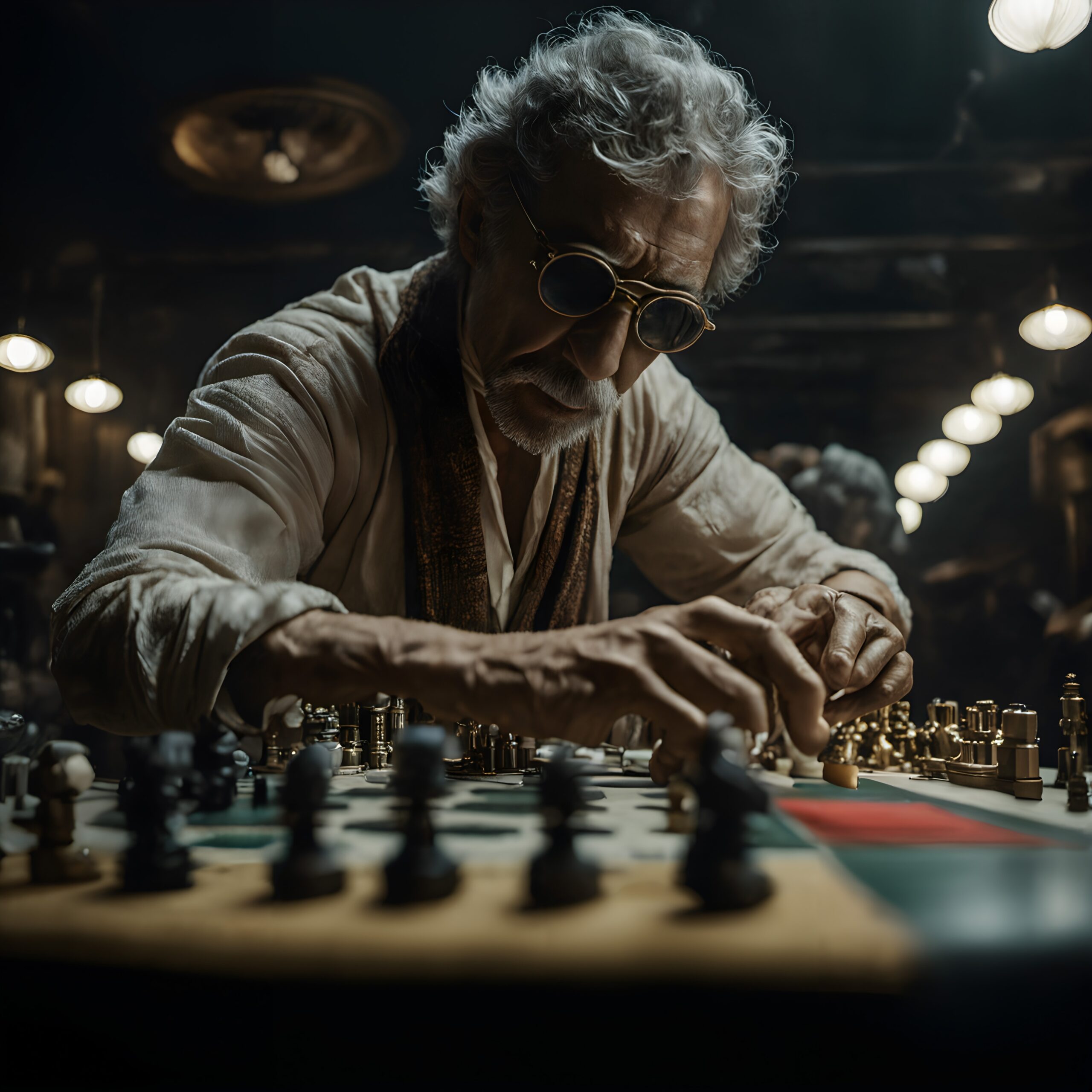 Elderly man engrossed in strategic chess game against atmospheric backdrop.