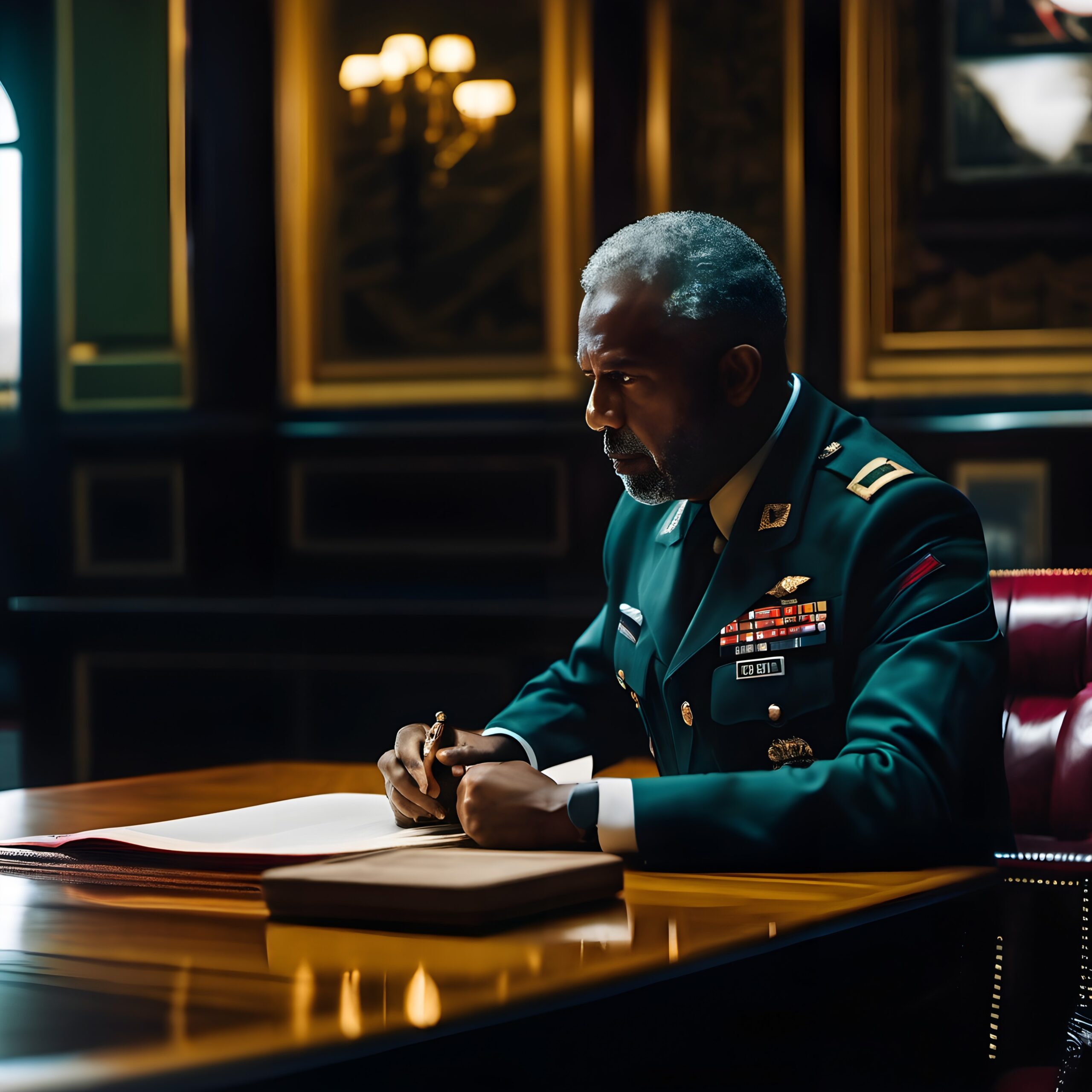 A military officer writes at a desk in a richly decorated room.