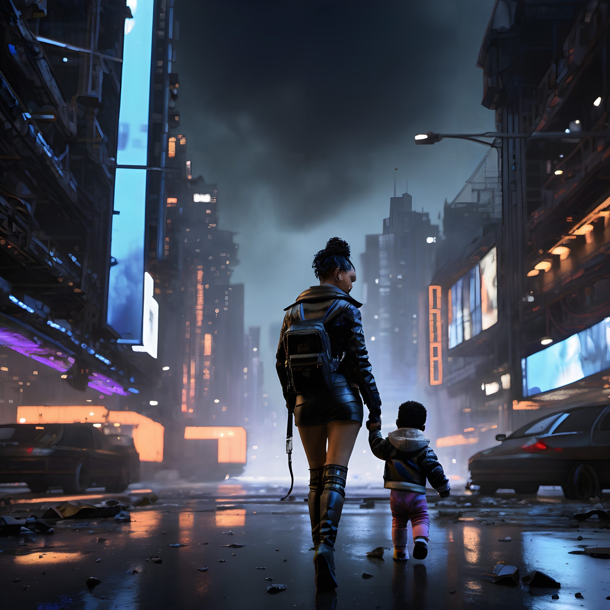 A woman and child walk through a neon-lit futuristic cityscape.