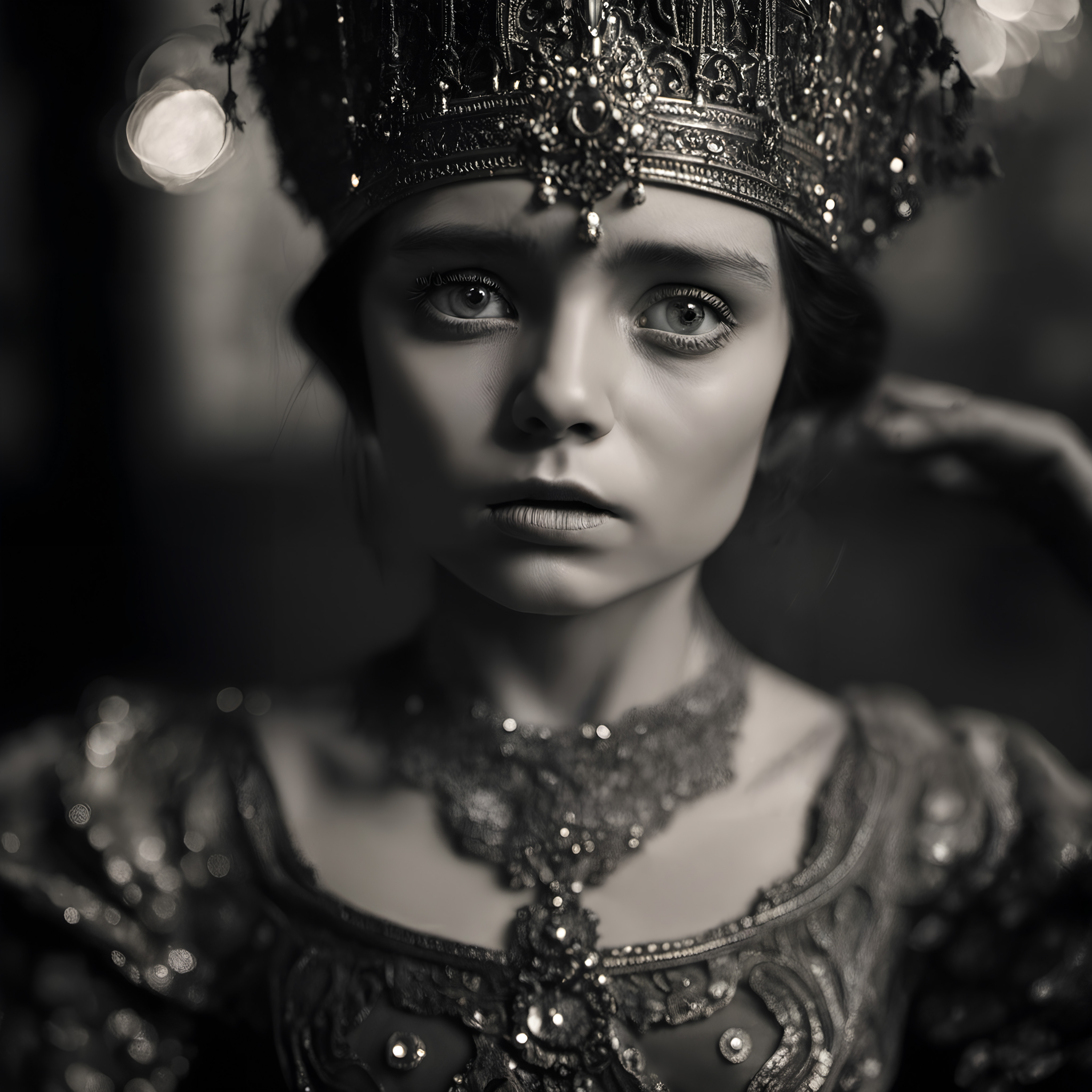 Regal Black and White Portrait of a Queen with Intricate Jewelry