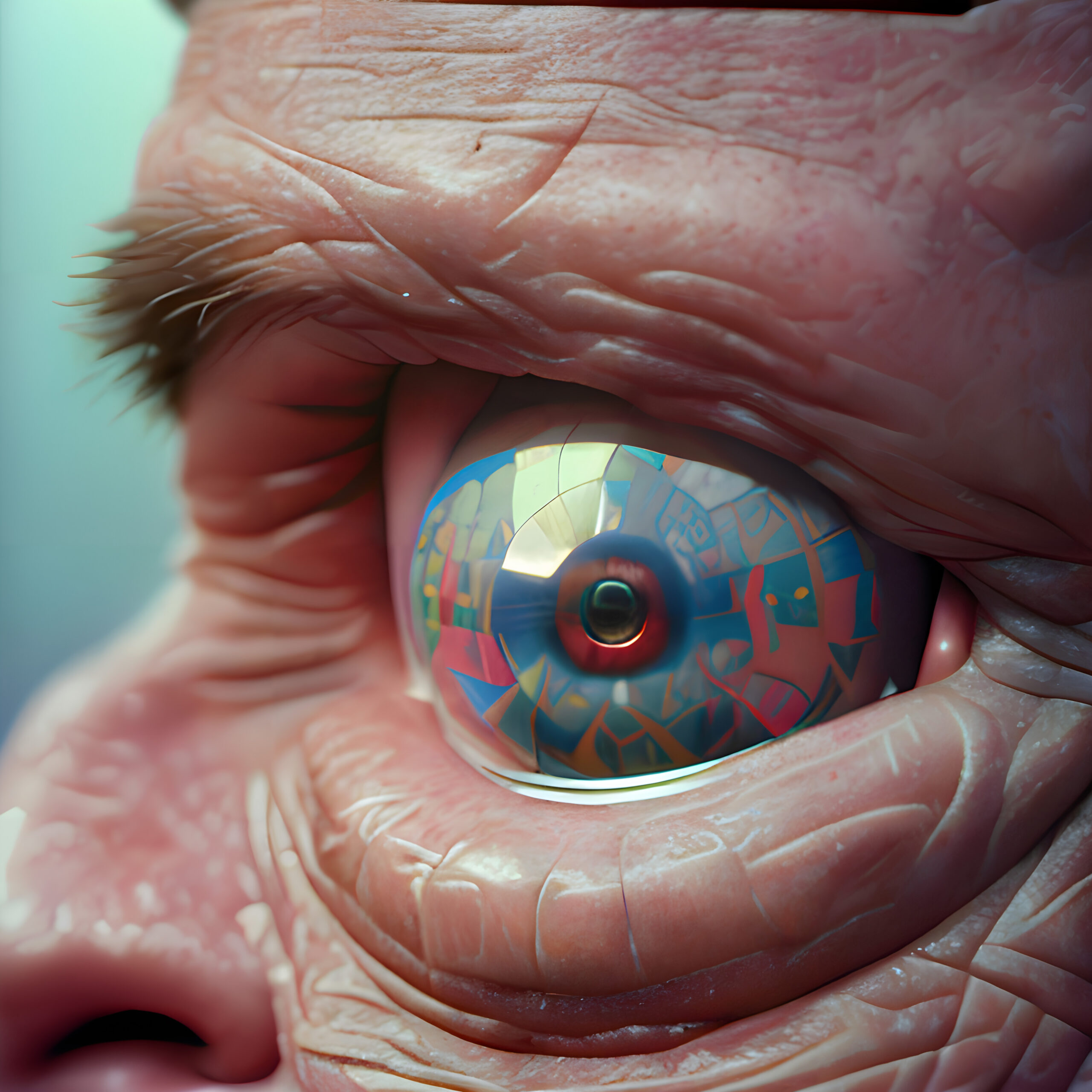 Surreal fractal eye reflecting distorted colors through aged skin texture