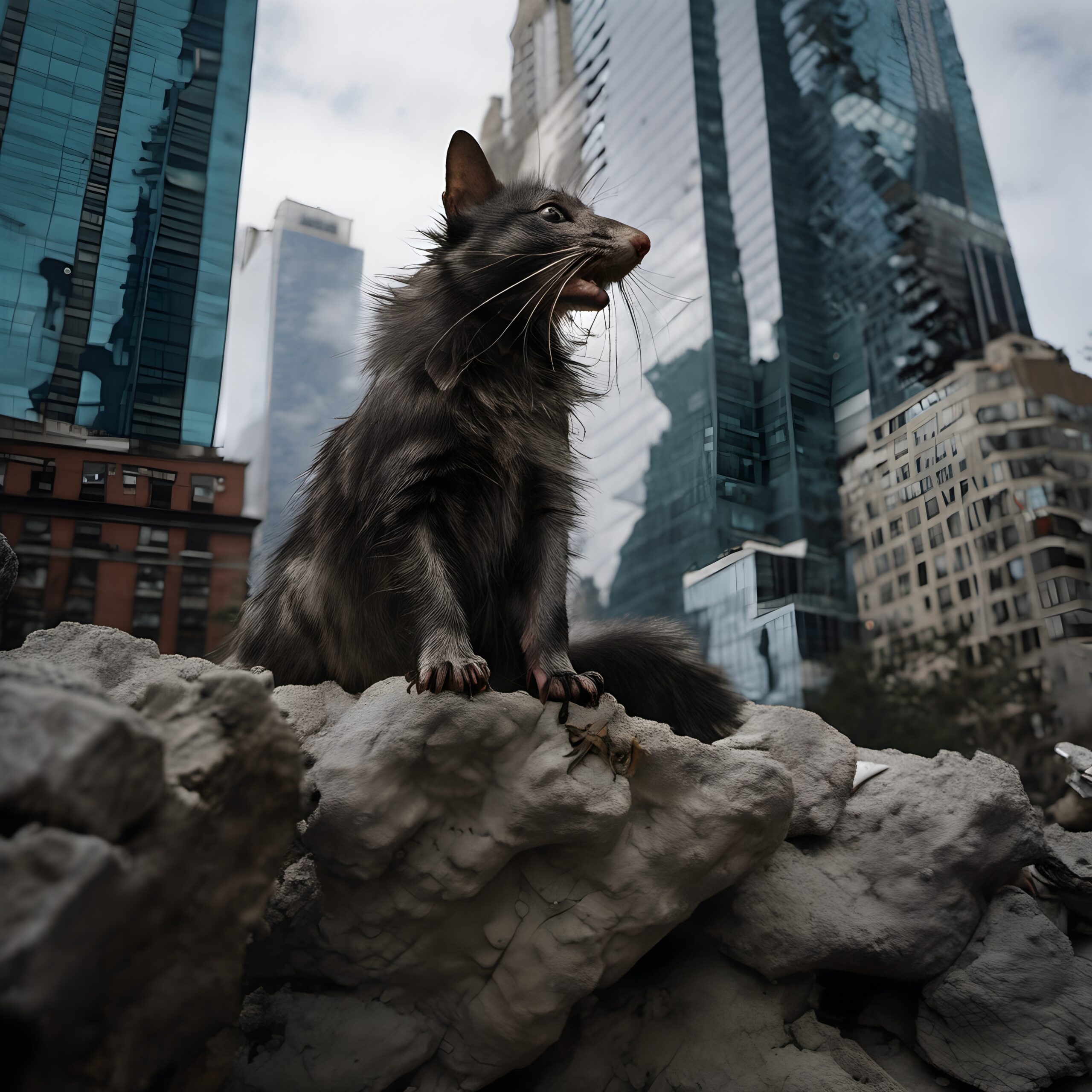 A majestic gray rat perches on rocks with skyscrapers in the background, blending nature with urban life.