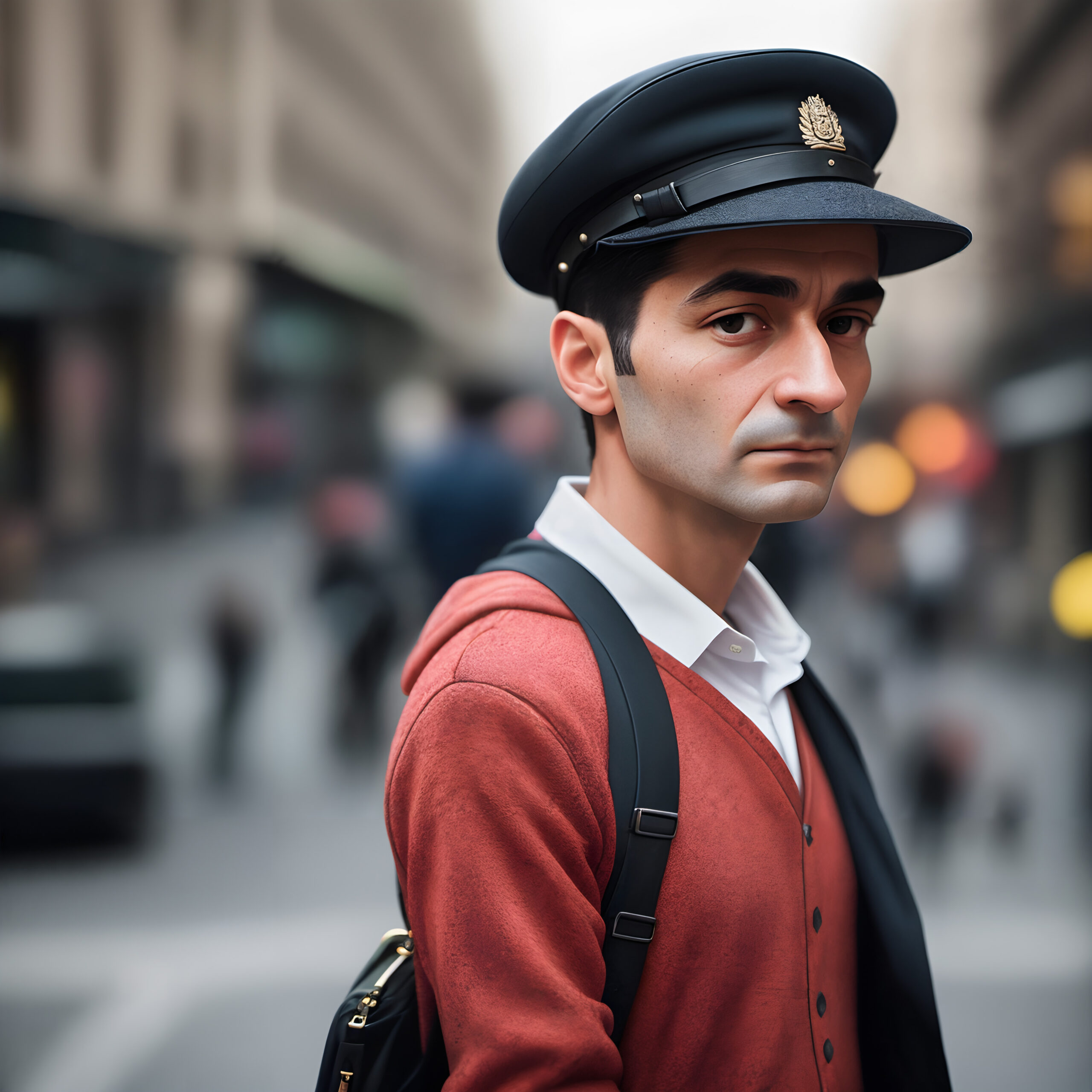 Man wearing uniform-style cap walking down busy urban street