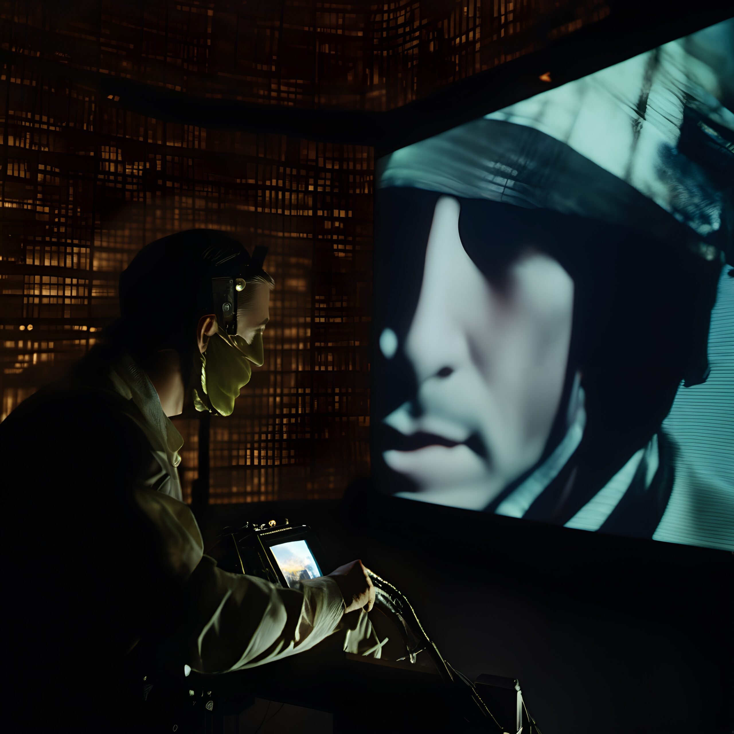 A person interacts with a screen showing a soldier's face, in a dimly lit, tech-themed room.