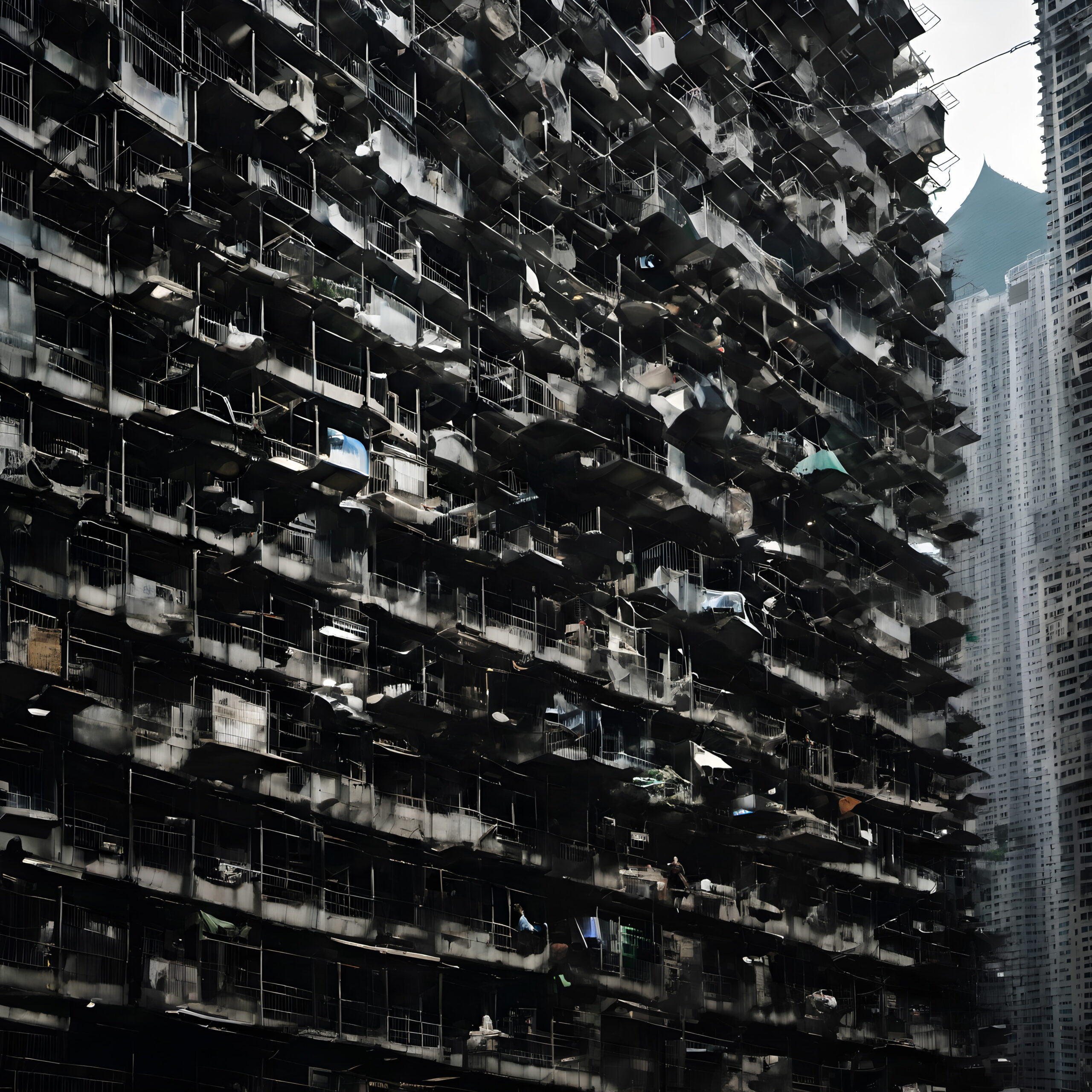 Dense urban apartment complex juxtaposed with towering skyscrapers showcasing contrasting architectural styles