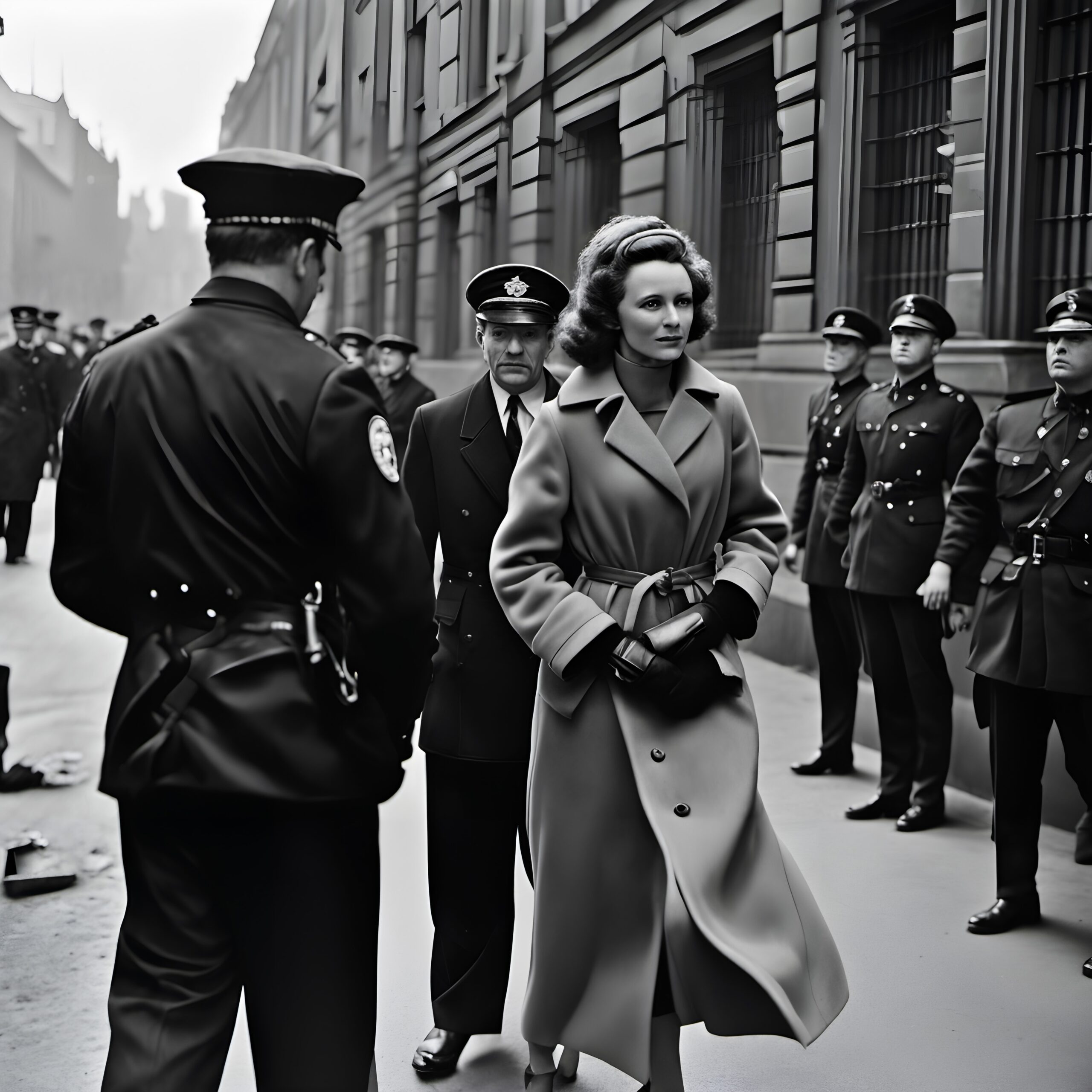 A confident woman walks past uniformed officers on a city street in a monochrome, historical setting.