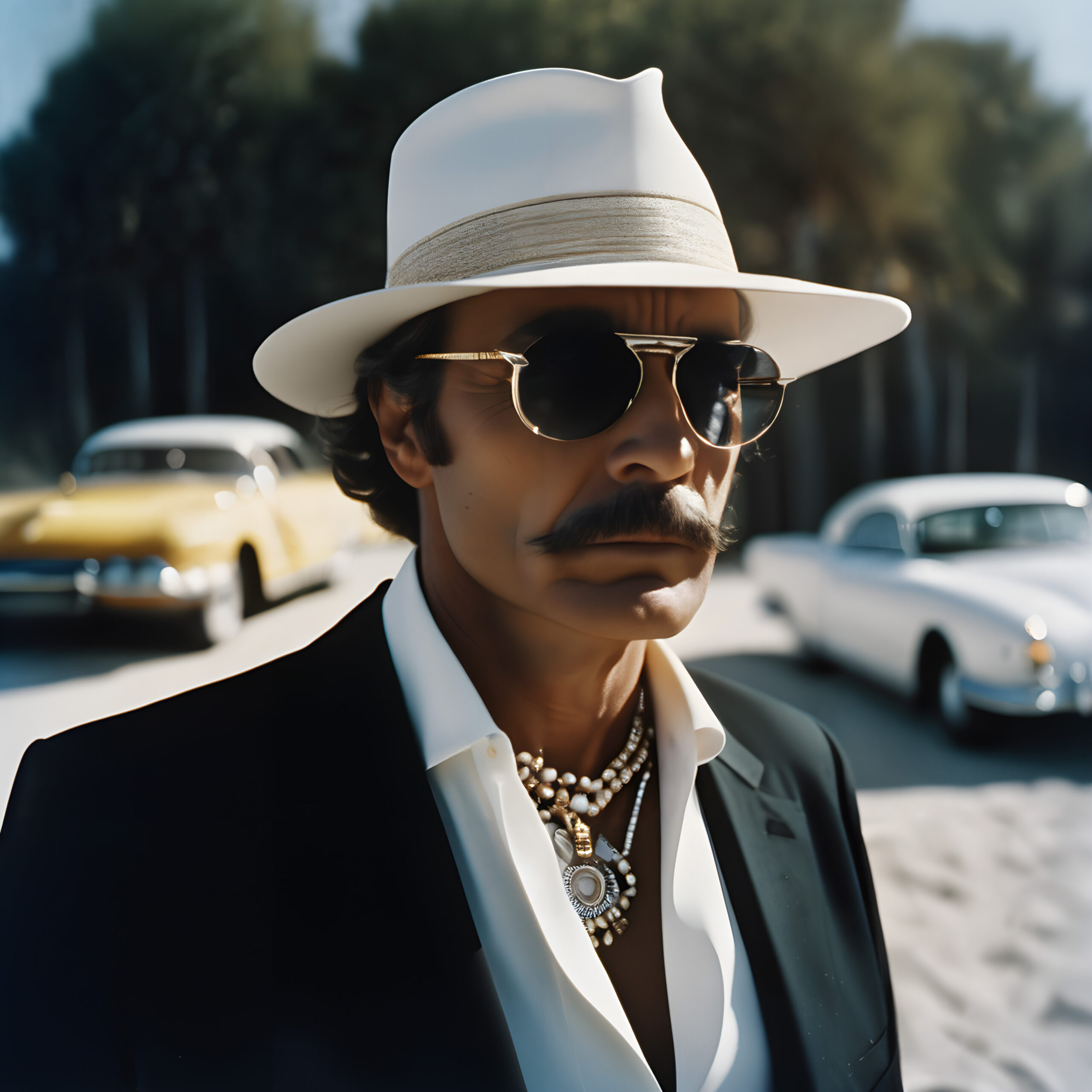 Man wearing white fedora and sunglasses standing near vintage cars under sunny sky