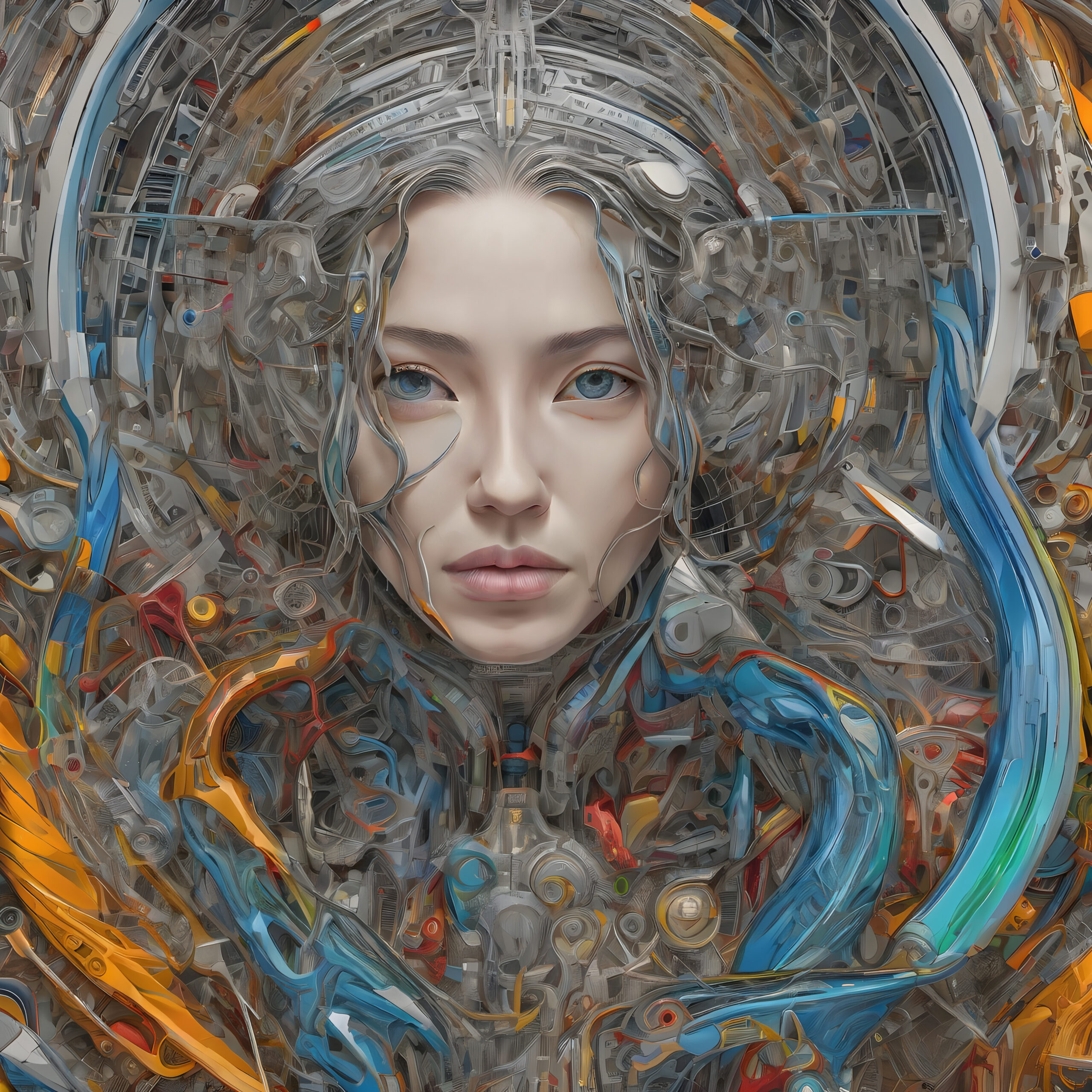 Futuristic cyber goddess emerging from complex machinery, blending human beauty with robotic elements, stunning AI-generated art depicting next-gen synthetic lifeform