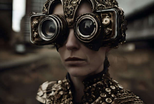 Woman wearing elaborate steampunk goggles and armored attire standing amid gritty urban ruin