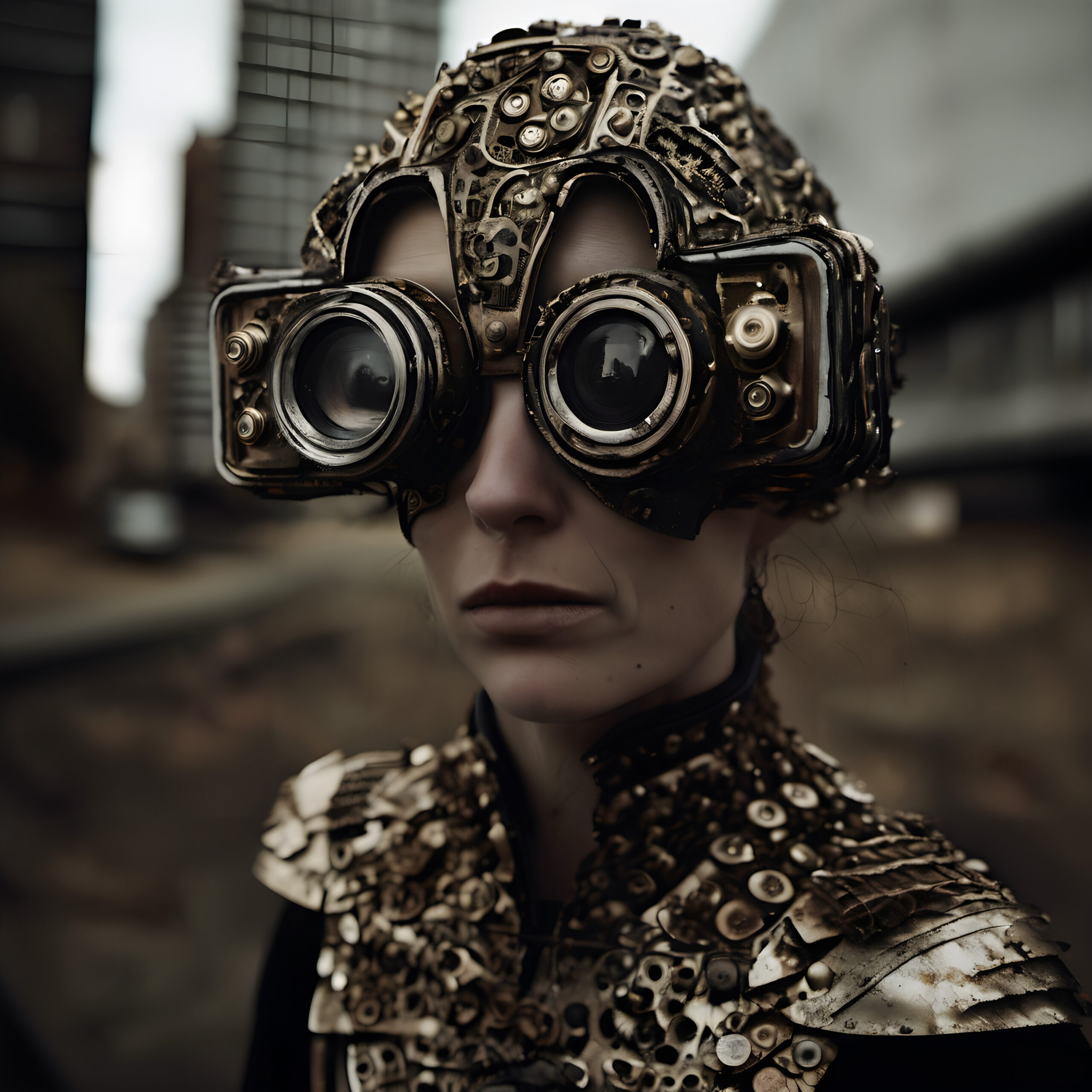 Woman wearing elaborate steampunk goggles and armored attire standing amid gritty urban ruin