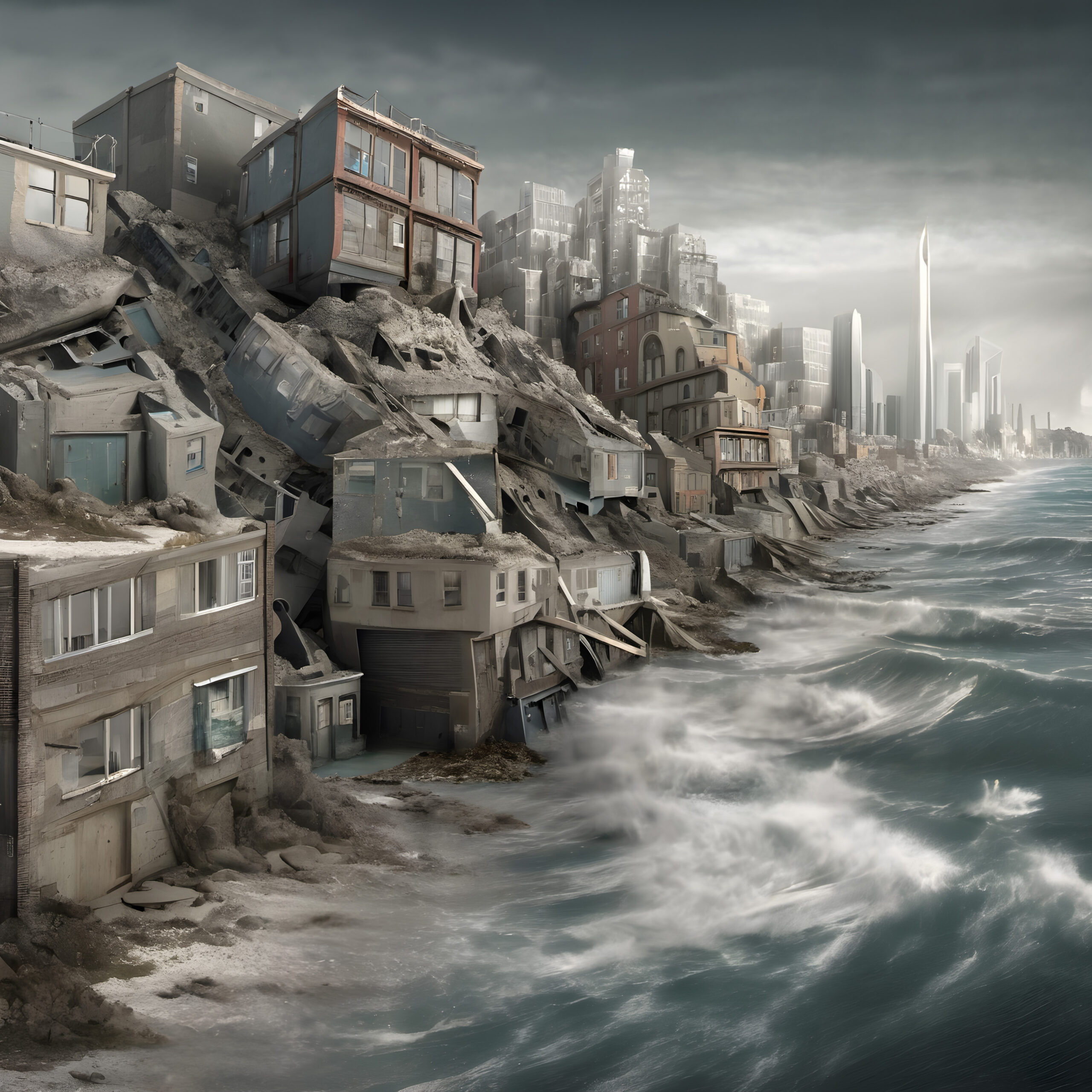 Dramatic Coastal City Erosion with Collapsing Buildings and Rough Seas