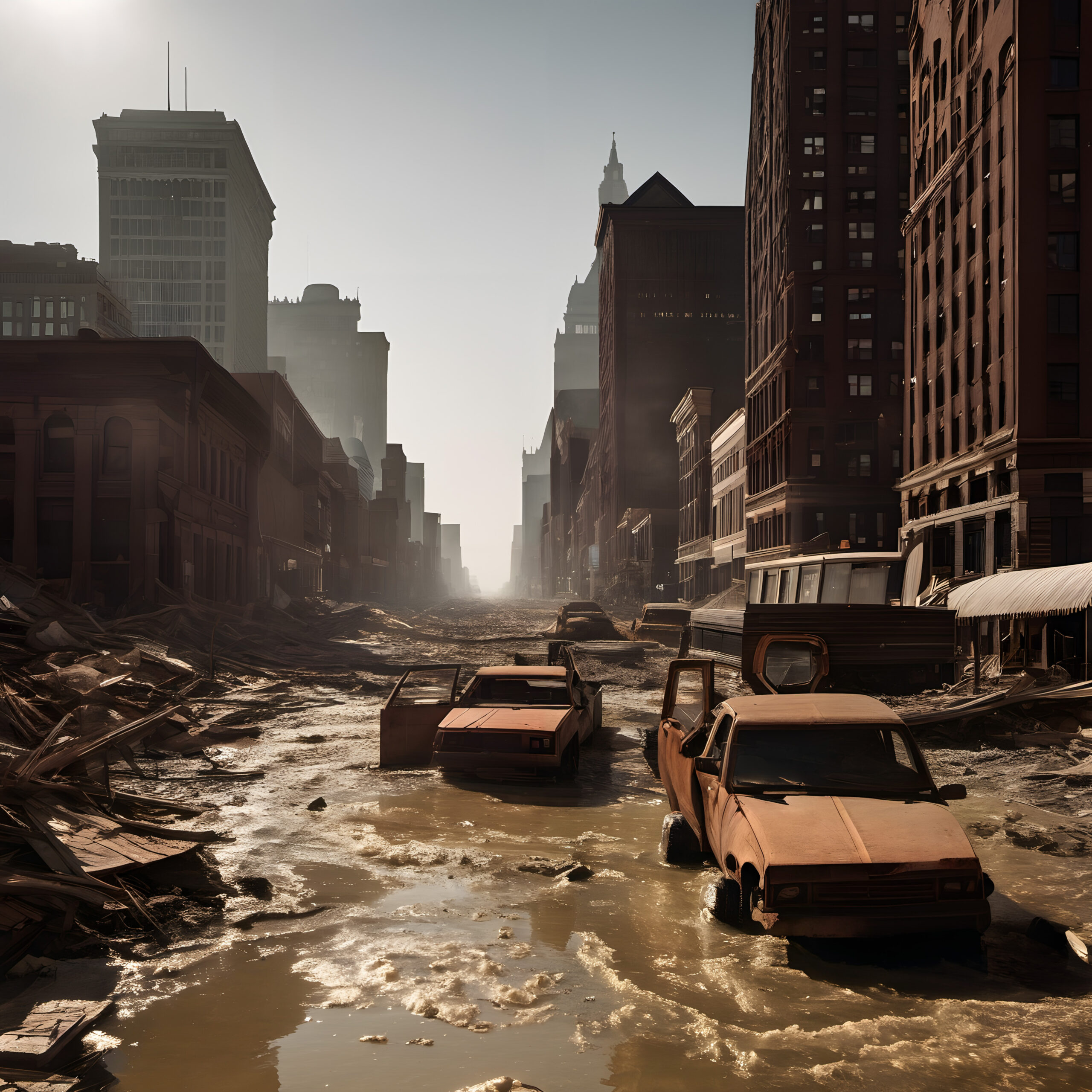 Abandoned car-filled flooded ruined city street after apocalyptic disaster