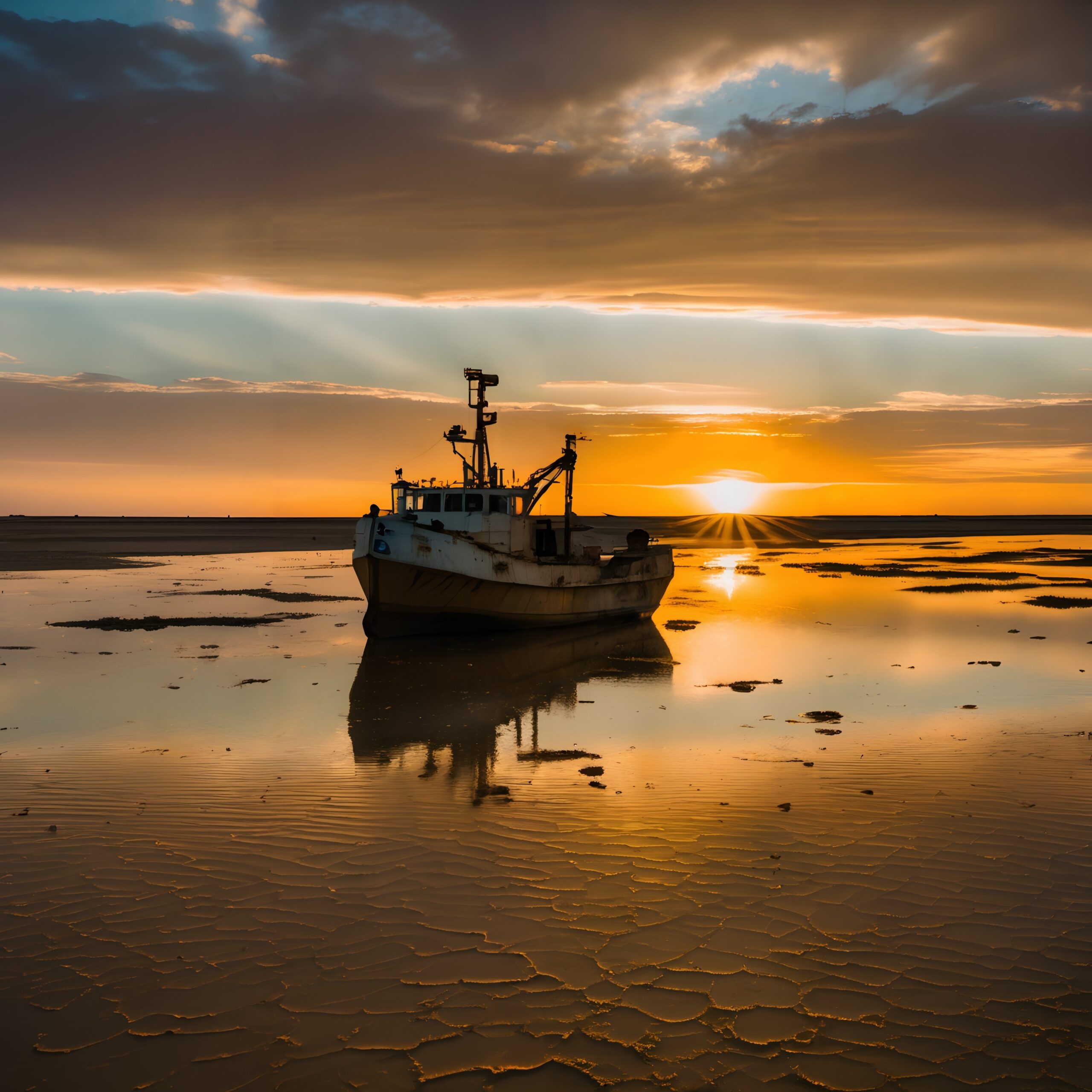 A lone boat reflected in calm coastal waters under a vibrant, golden sunset sky, creating a peaceful and serene scene.