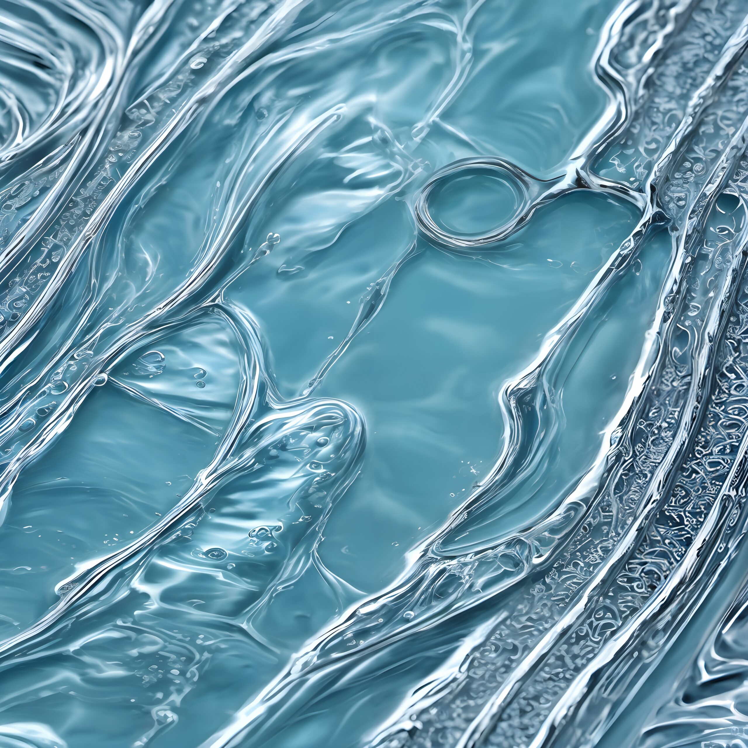 Abstract blue liquid with bubbles and wavy transparent texture, creating a fluid, dynamic, and glossy artistic design.