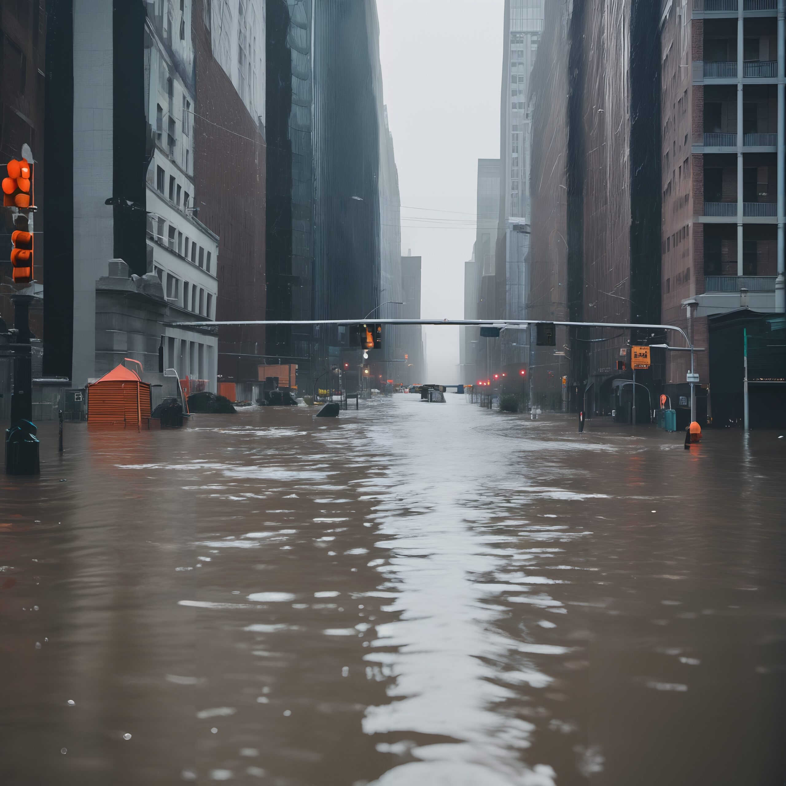 A flooded city street with tall buildings, submerged traffic lights, and cloudy sky, highlighting urban flooding.