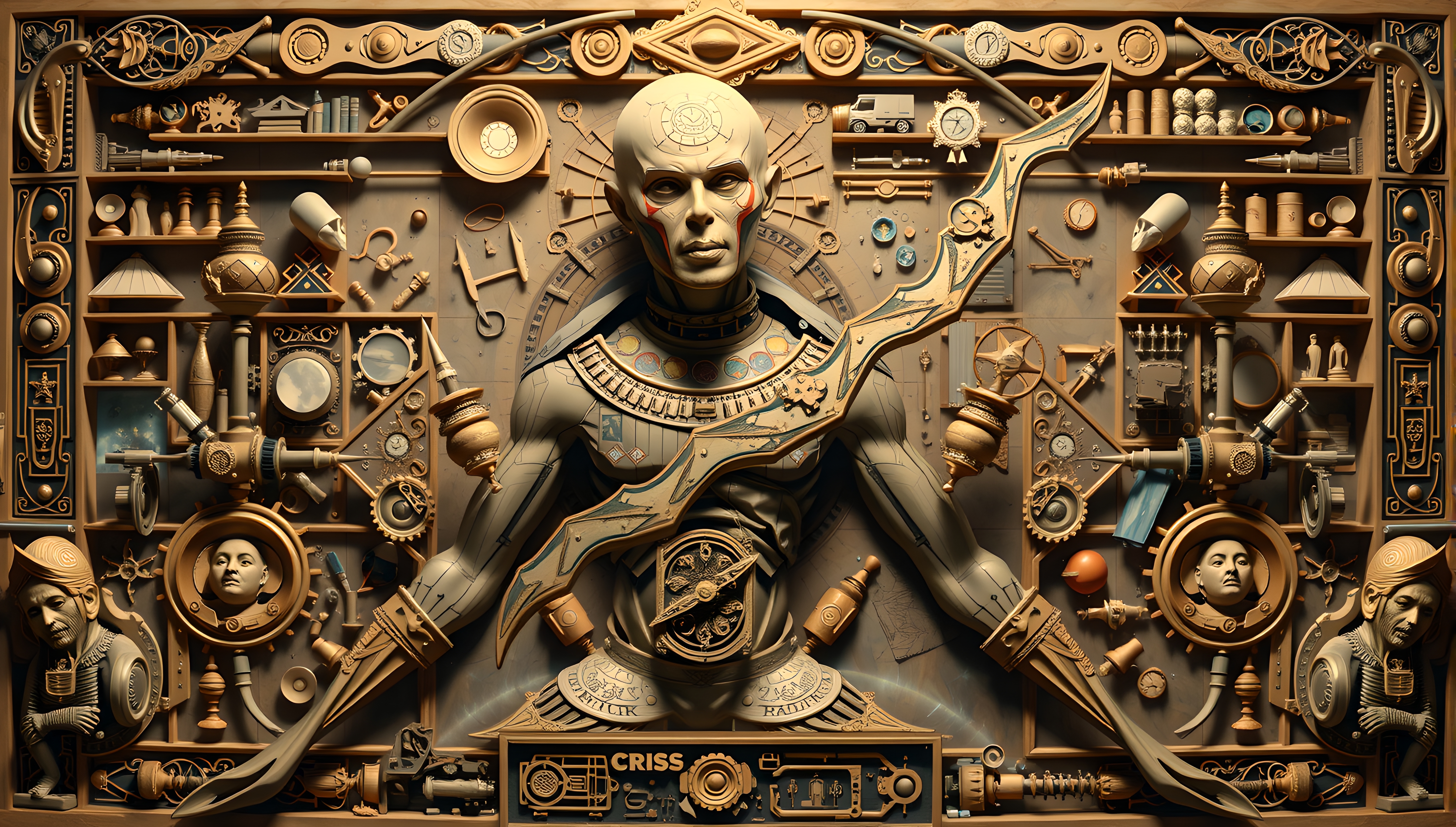 Steampunk-themed art installation with mechanical and ornamental elements surrounding a central figure, merging human and technological aspects.