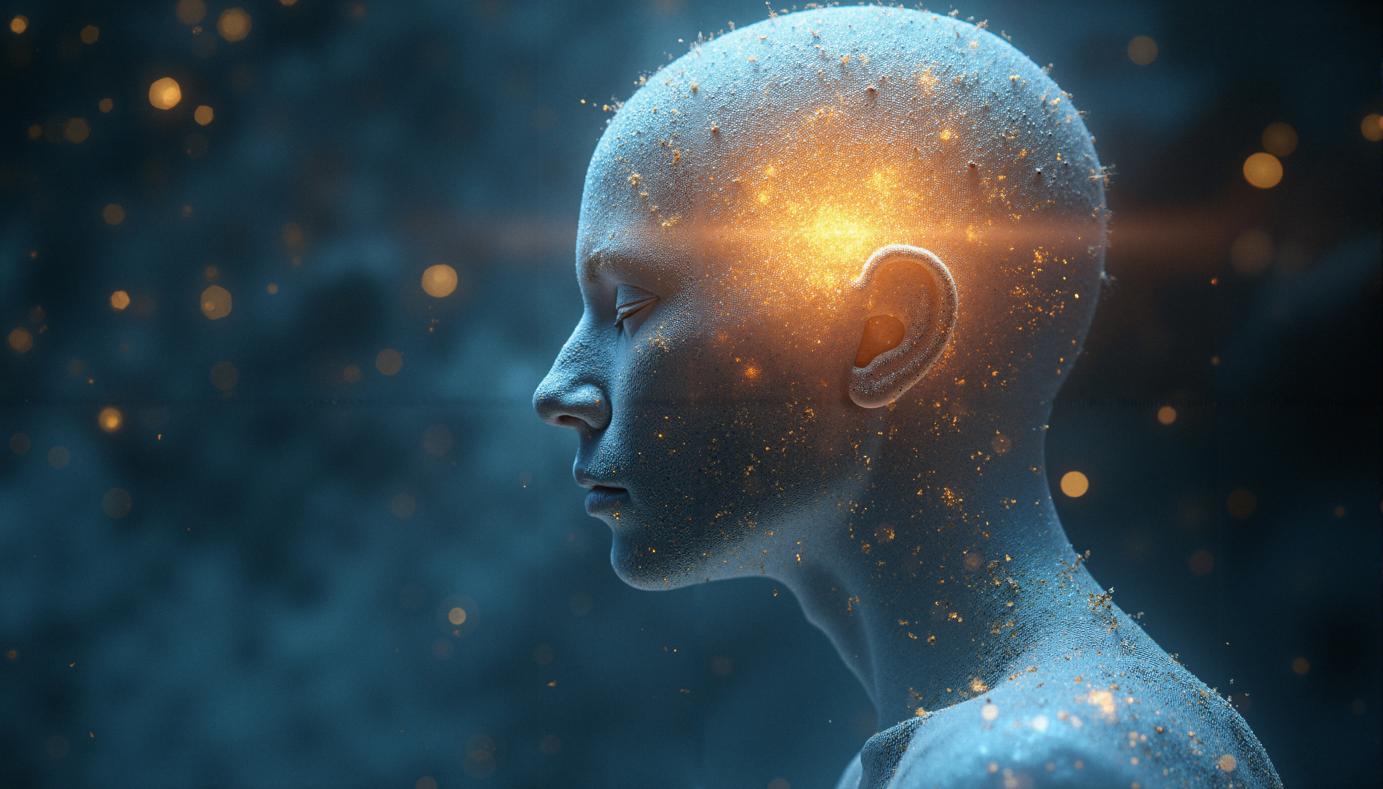 A glowing digital humanoid profile with ethereal light effects and textured particles.