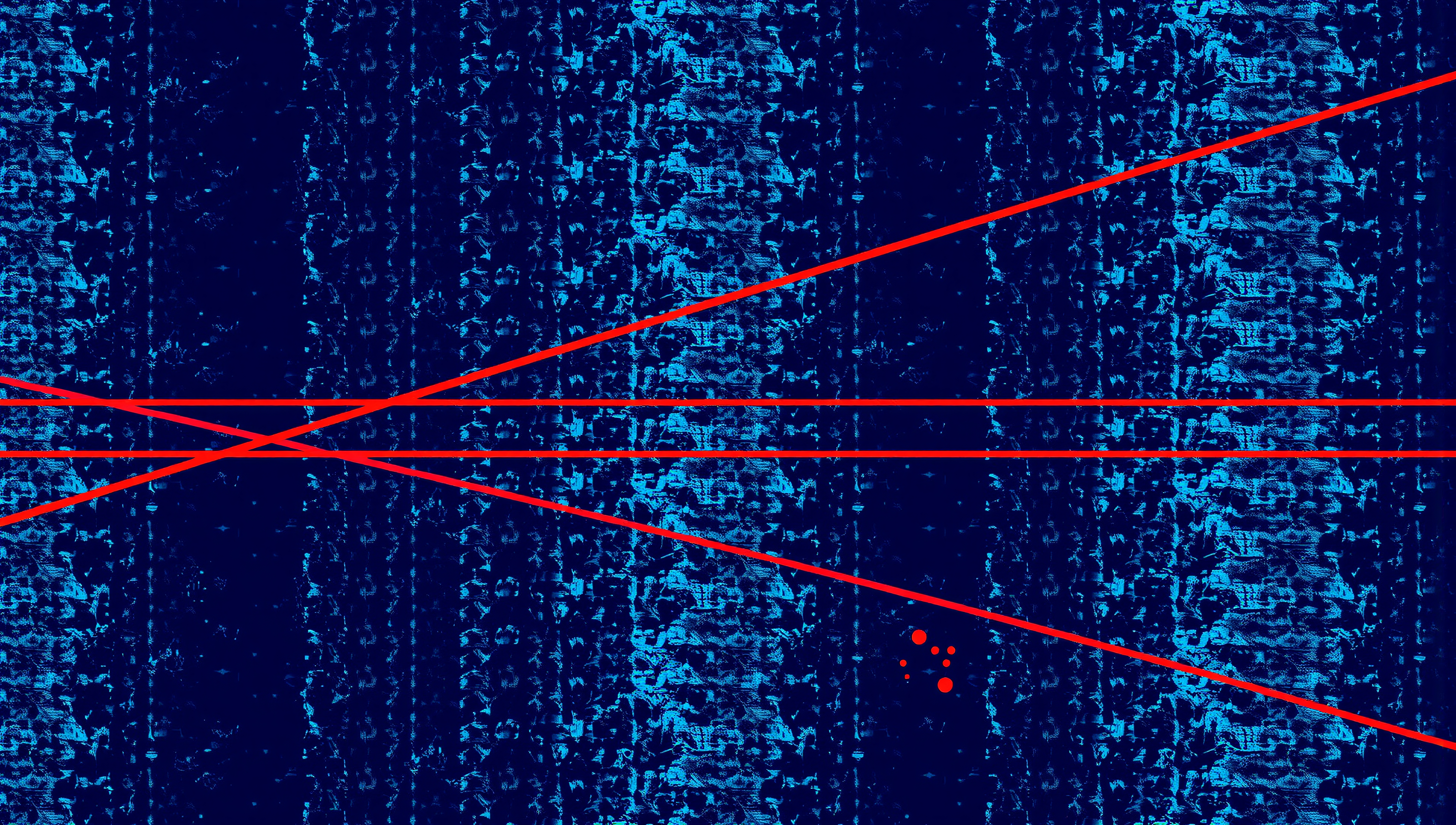 Abstract digital artwork featuring intersecting red lines against a blue textured background with red dots.