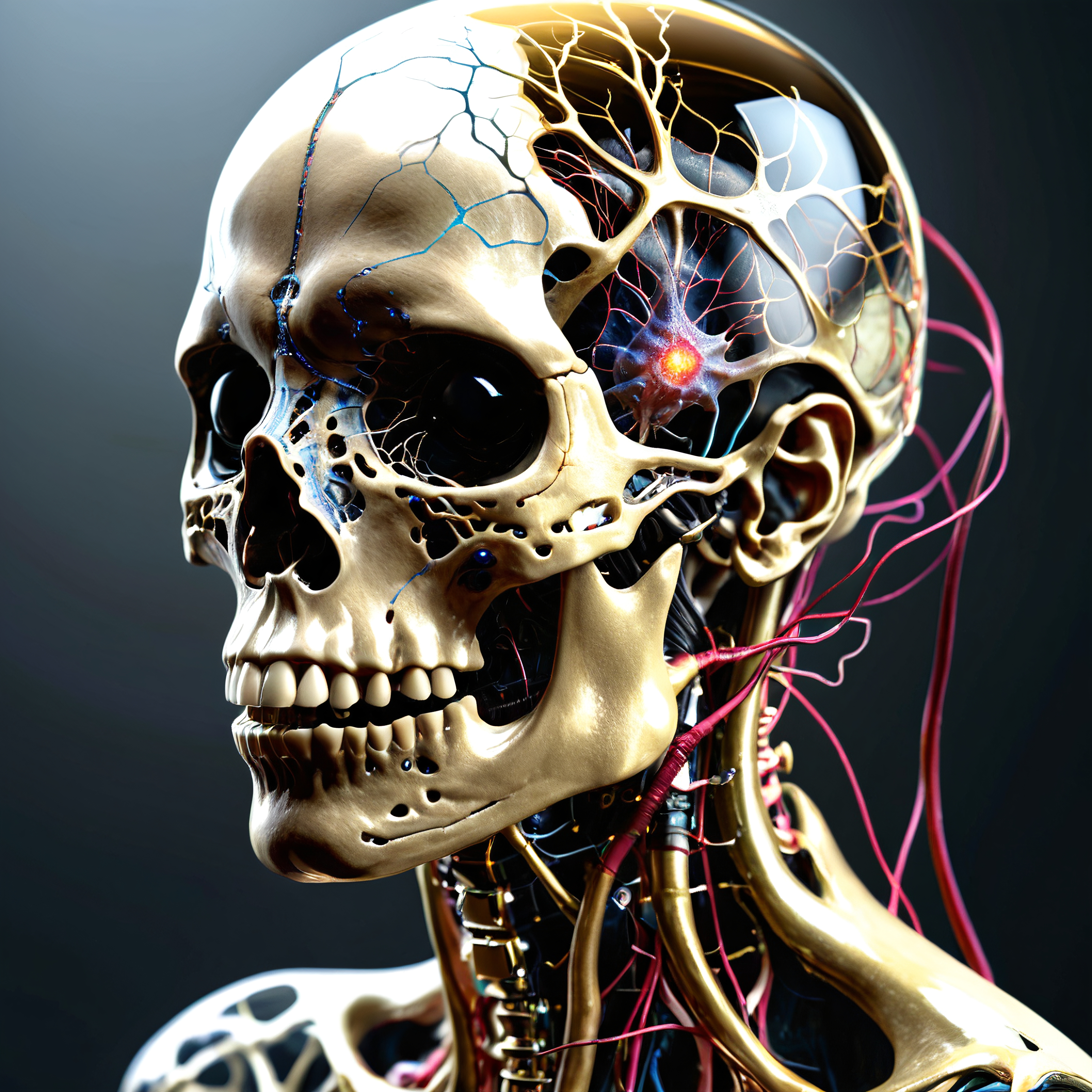 Futuristic Cybernetic Skull with Neural Network Visualization