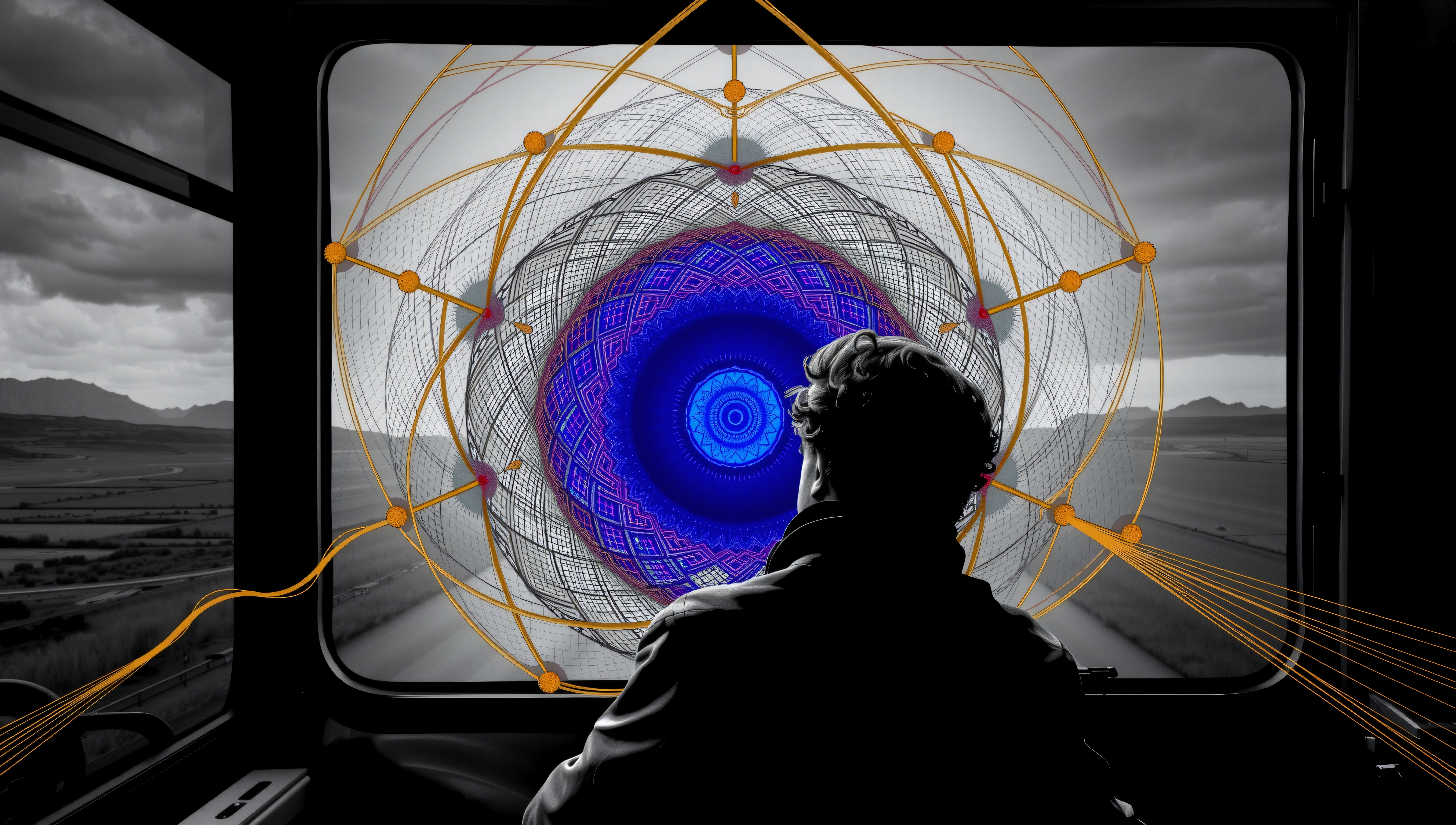 Silhouette on train with colorful geometric window pattern.