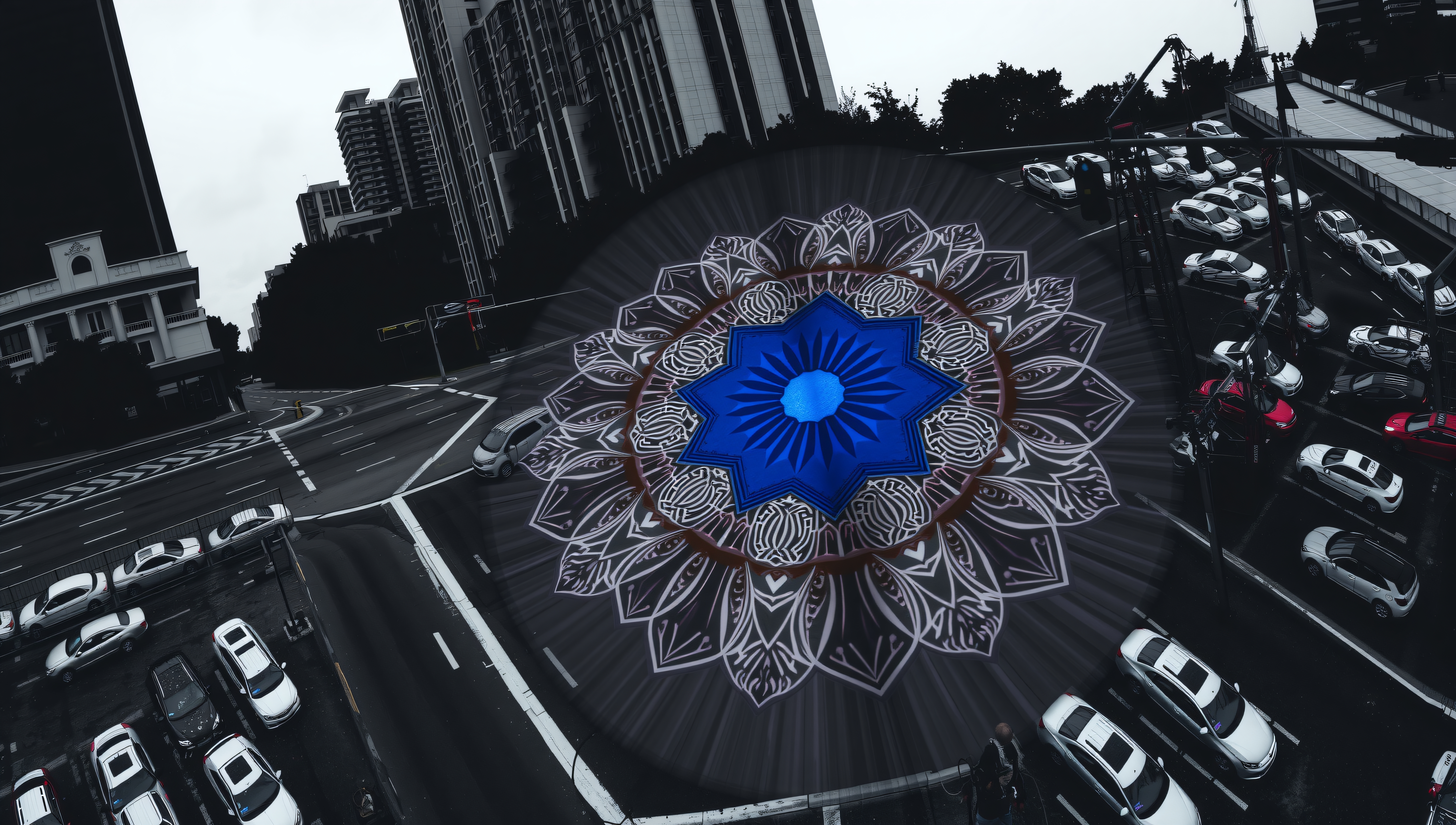 Urban Mandala Over Cityscape Intersection
