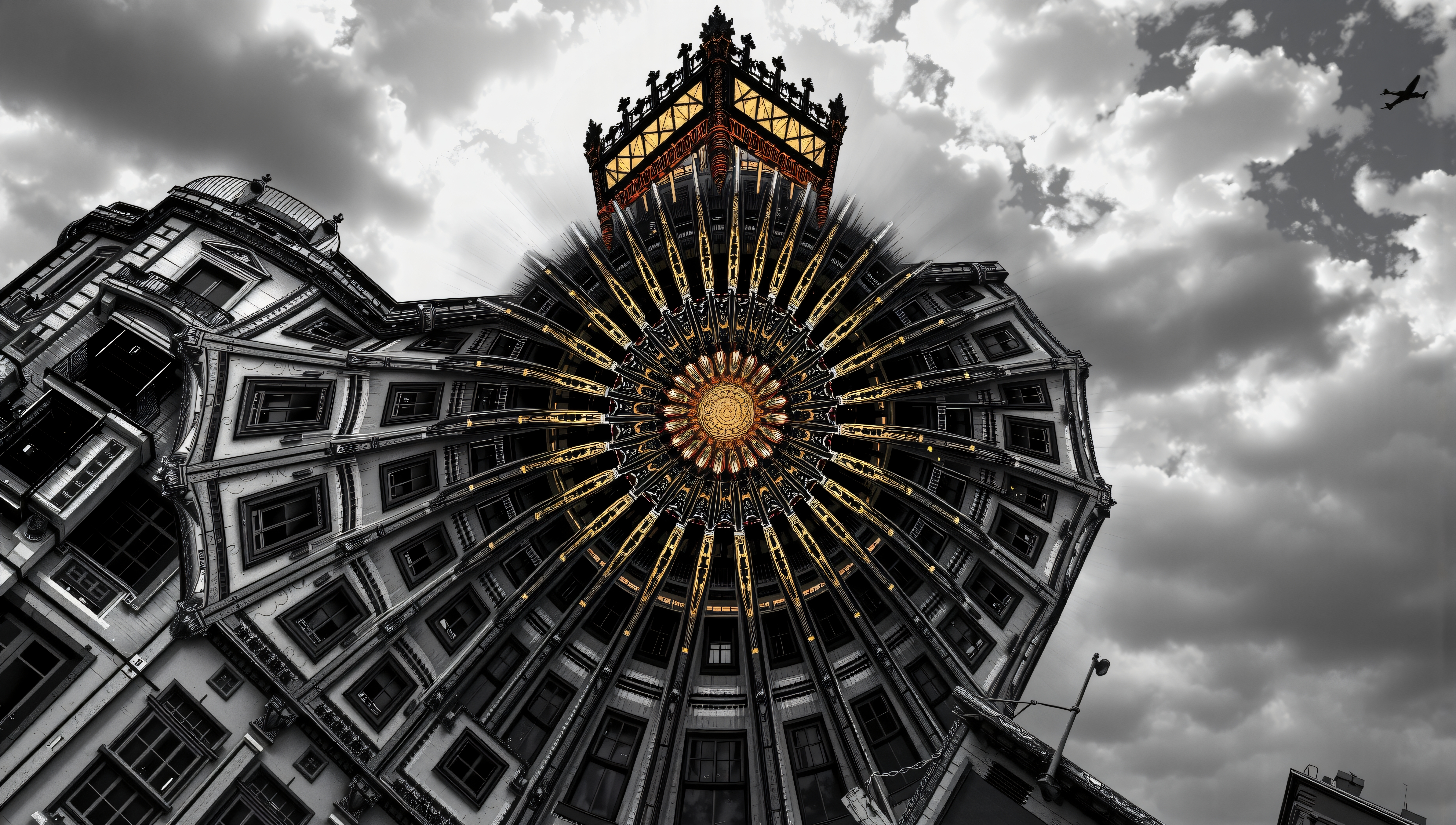 Futuristic building with golden circular sunburst design, steampunk-inspired architecture, detailed urban facade