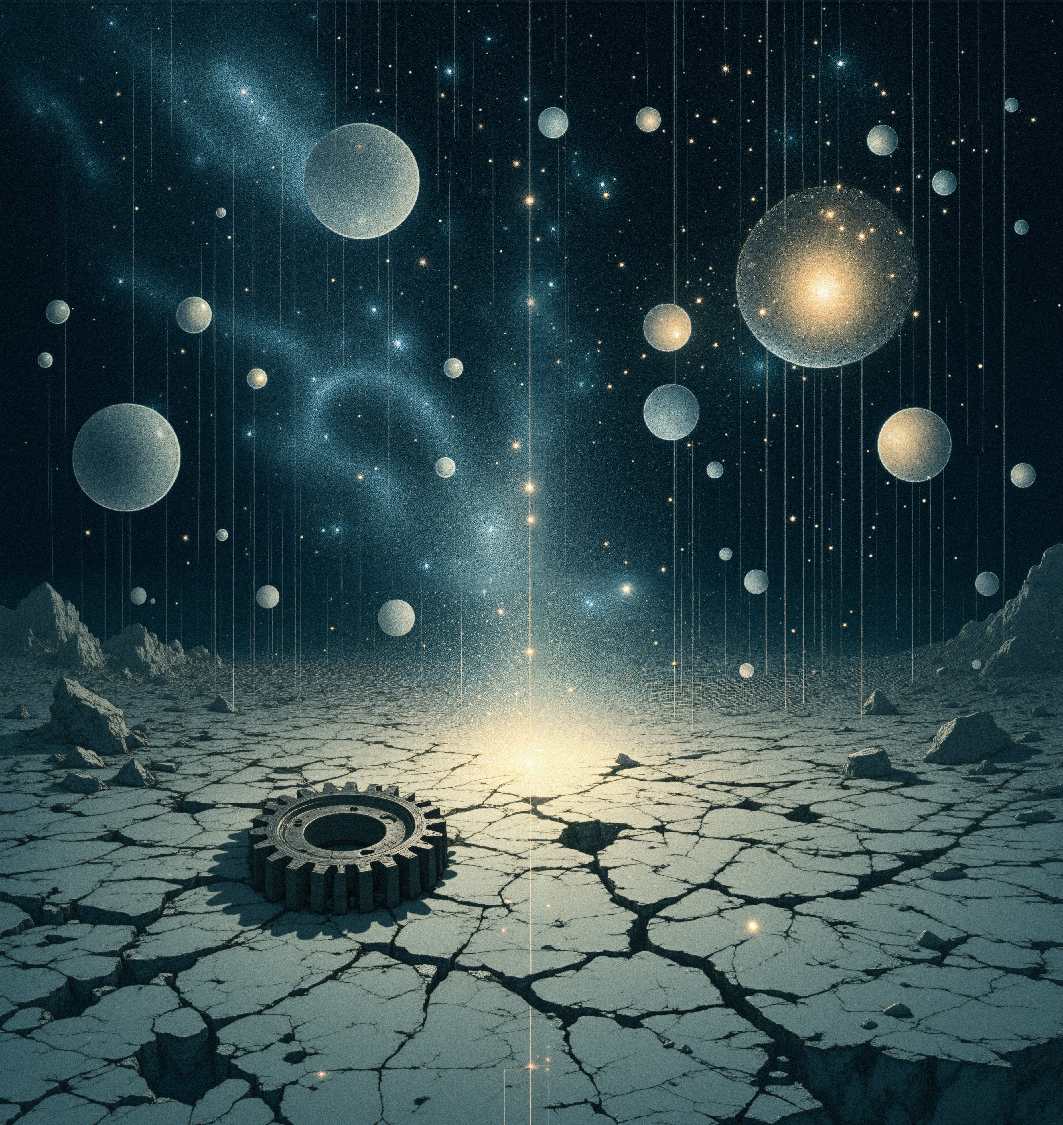Surreal cosmic landscape with floating planets, cracked earth, central gear, starry sky, sci-fi art