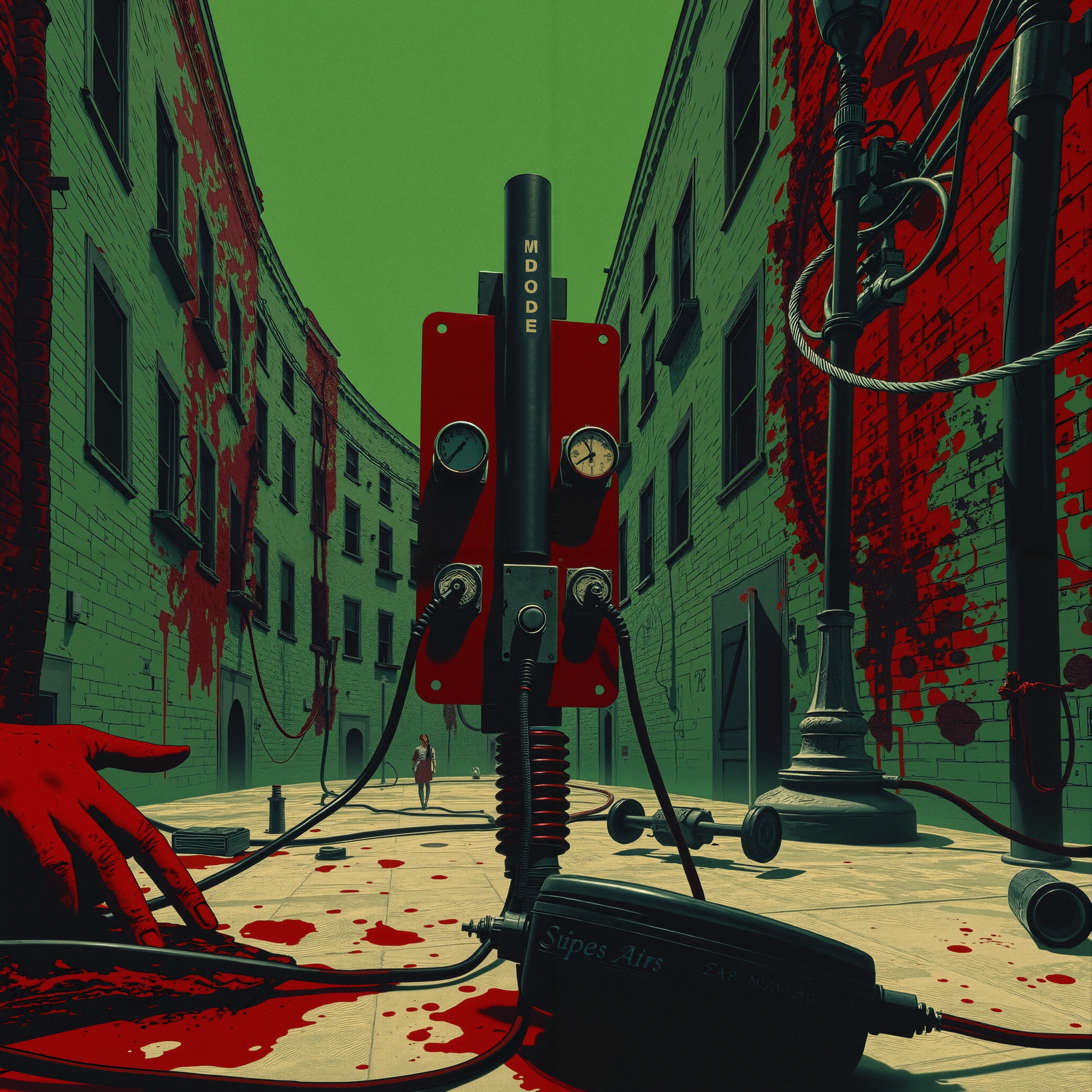 A surreal street scene with an unusual, central mechanical structure