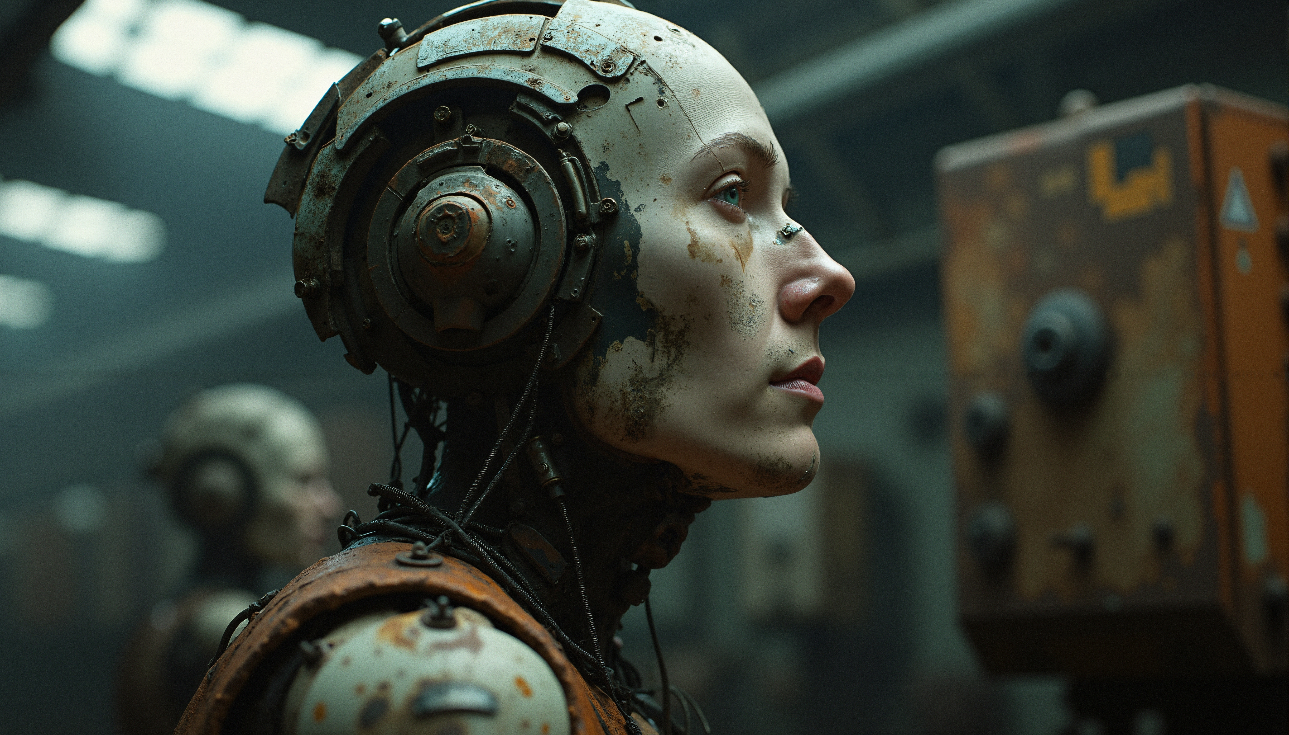 Cyberpunk robot in rusty factory environment