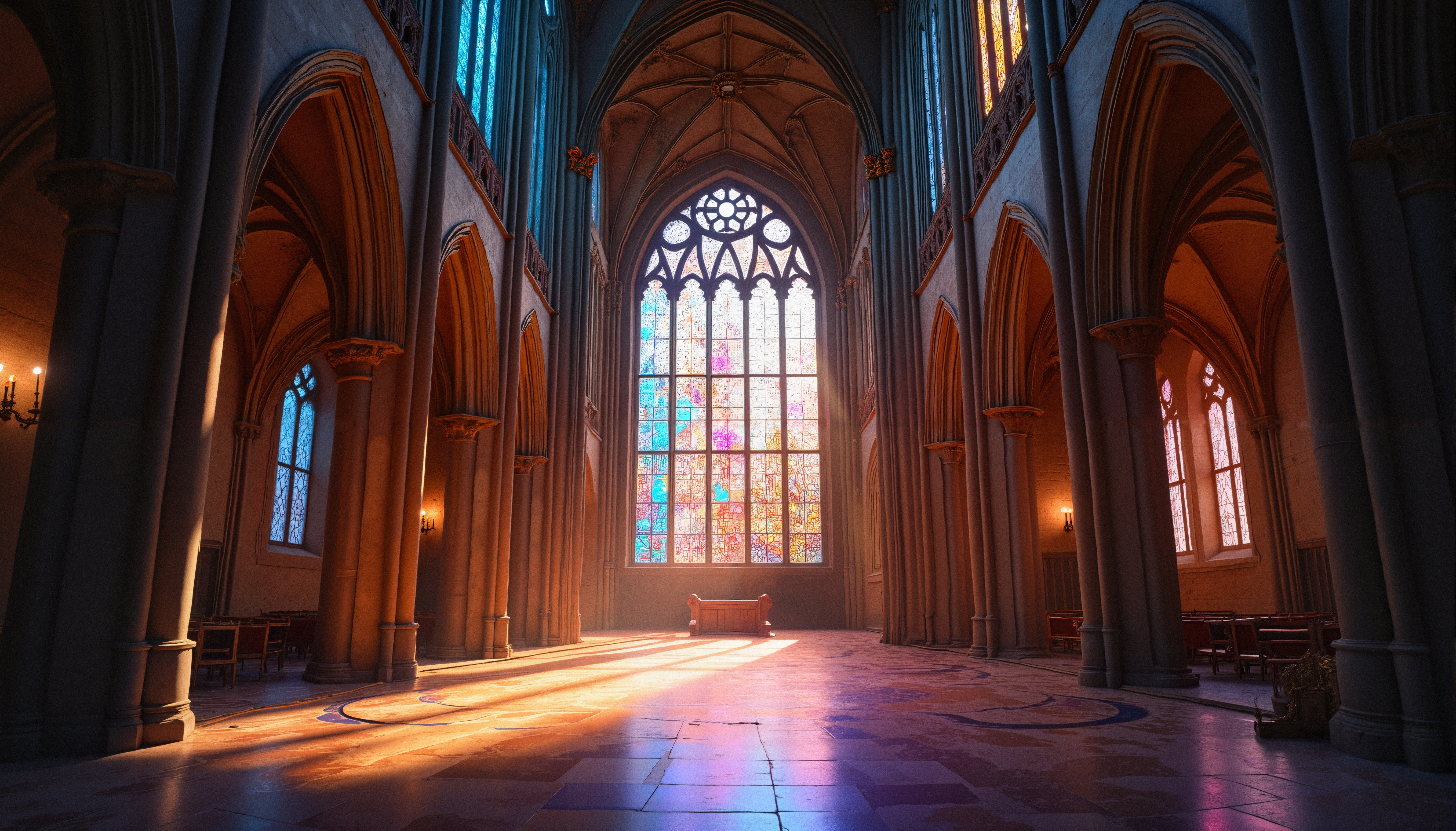 Serene Gothic cathedral interior illuminated by colorful stained glass sunbeams