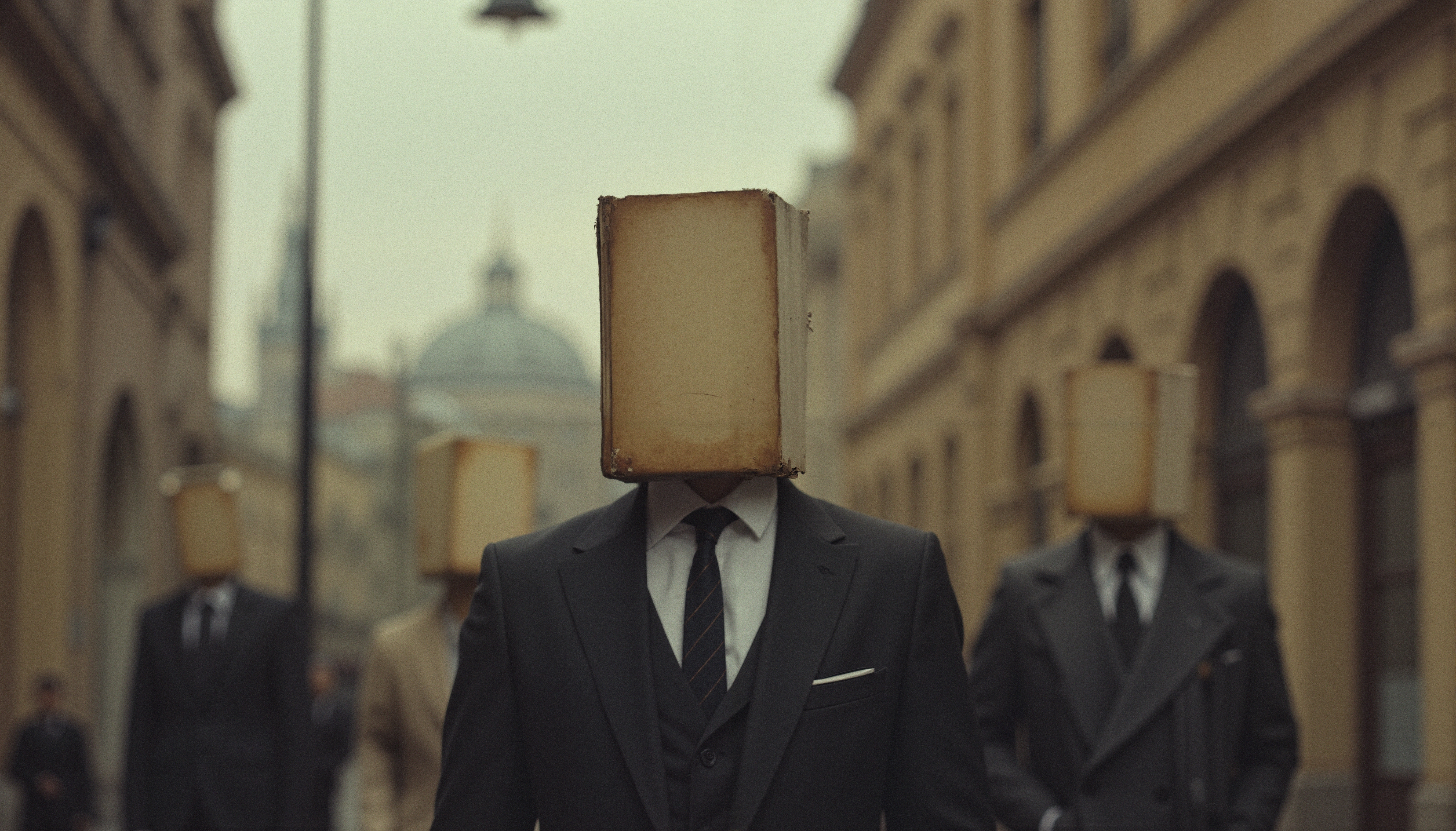 Men in formal suits with books as heads walking through historic city street