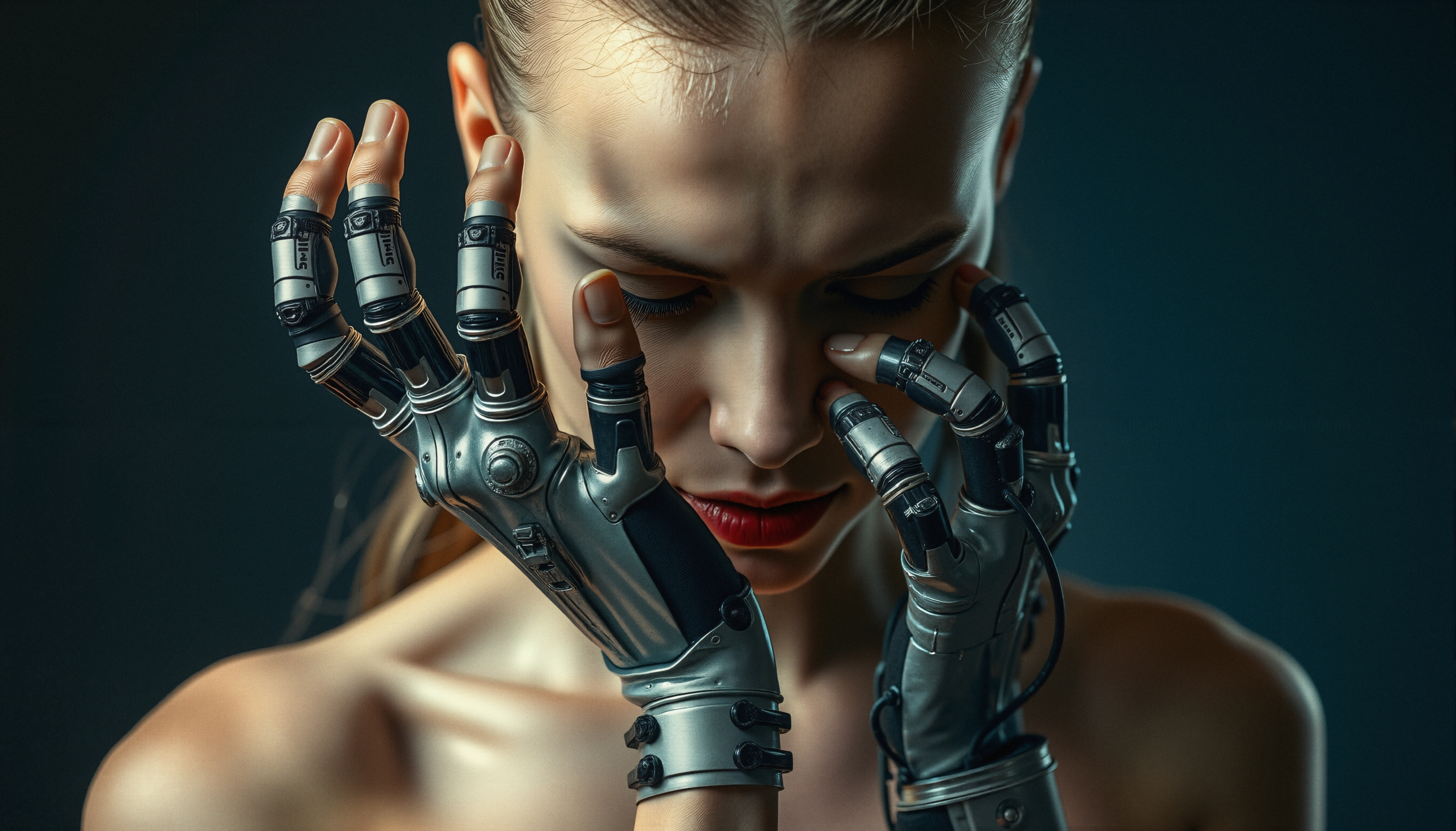 A woman with robotic prosthetic hands meditates, symbolizing human and technology fusion.