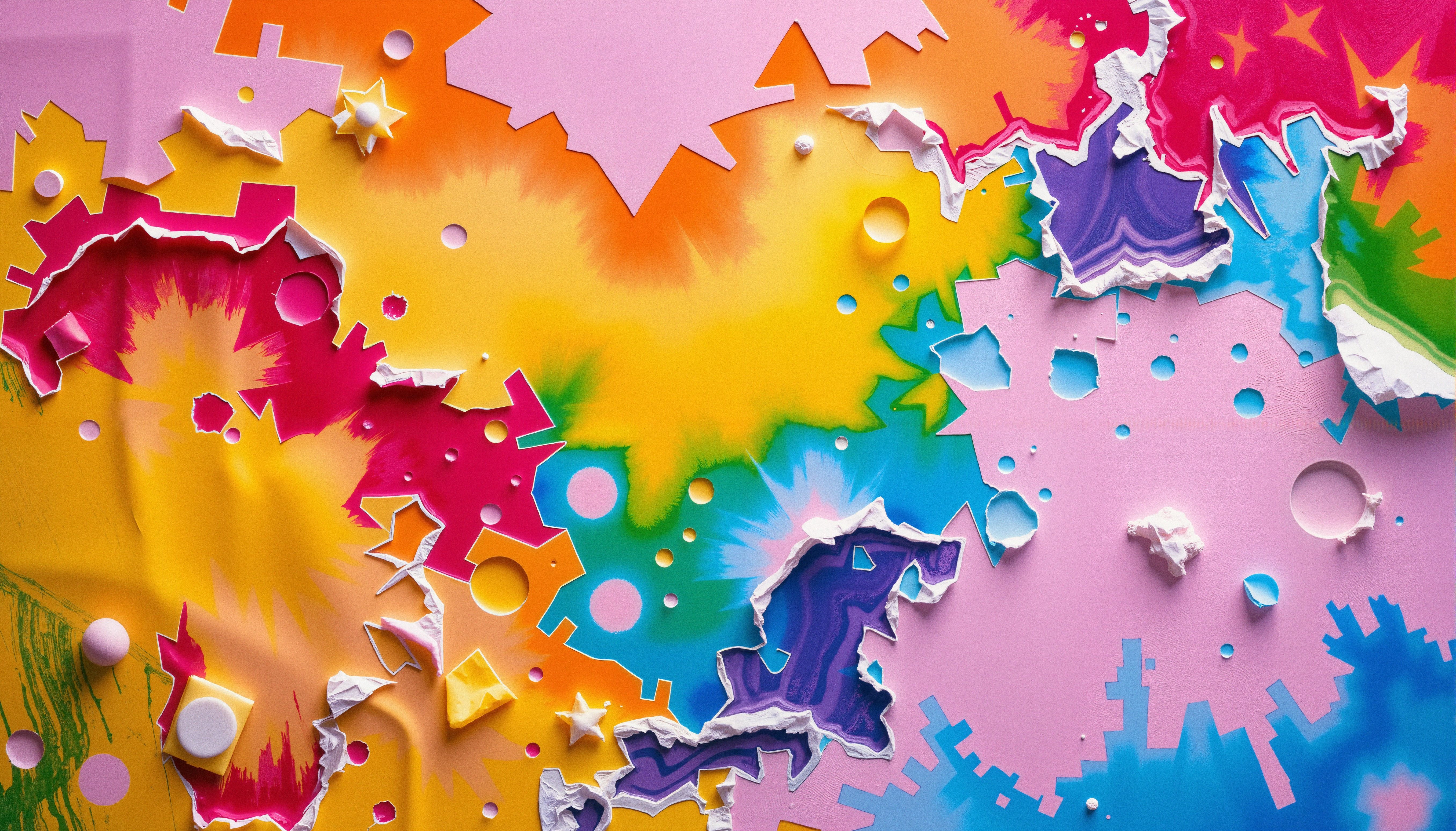 Vibrant abstract papercraft collage bursting with colorful textures and playful shapes perfect for artistic
