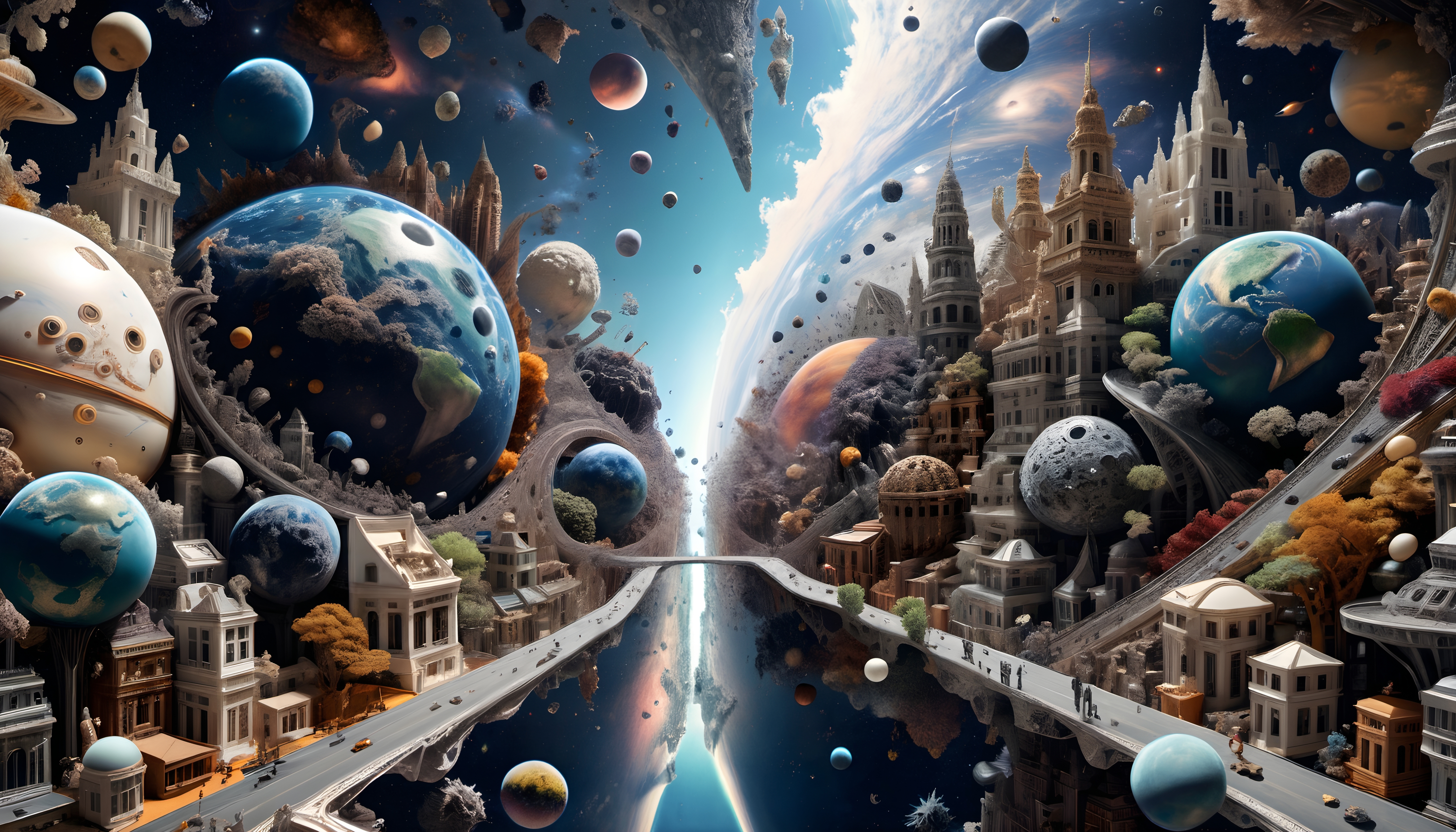 Surreal cosmic cityscape featuring floating planets, twin architectural realms divided by glowing rift, AI-generated fantasy artwork