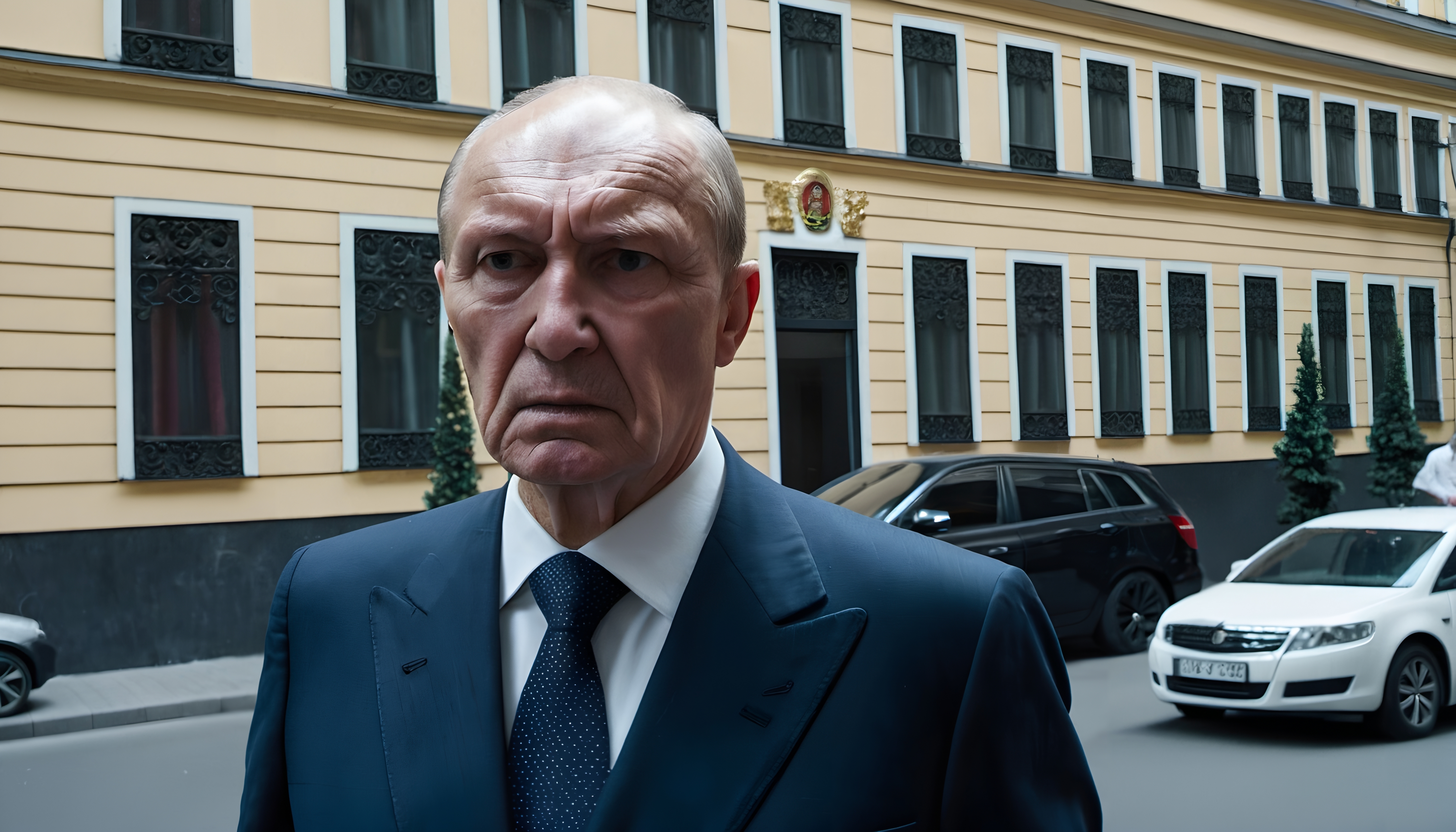 Elderly man in formal suit standing on urban street.