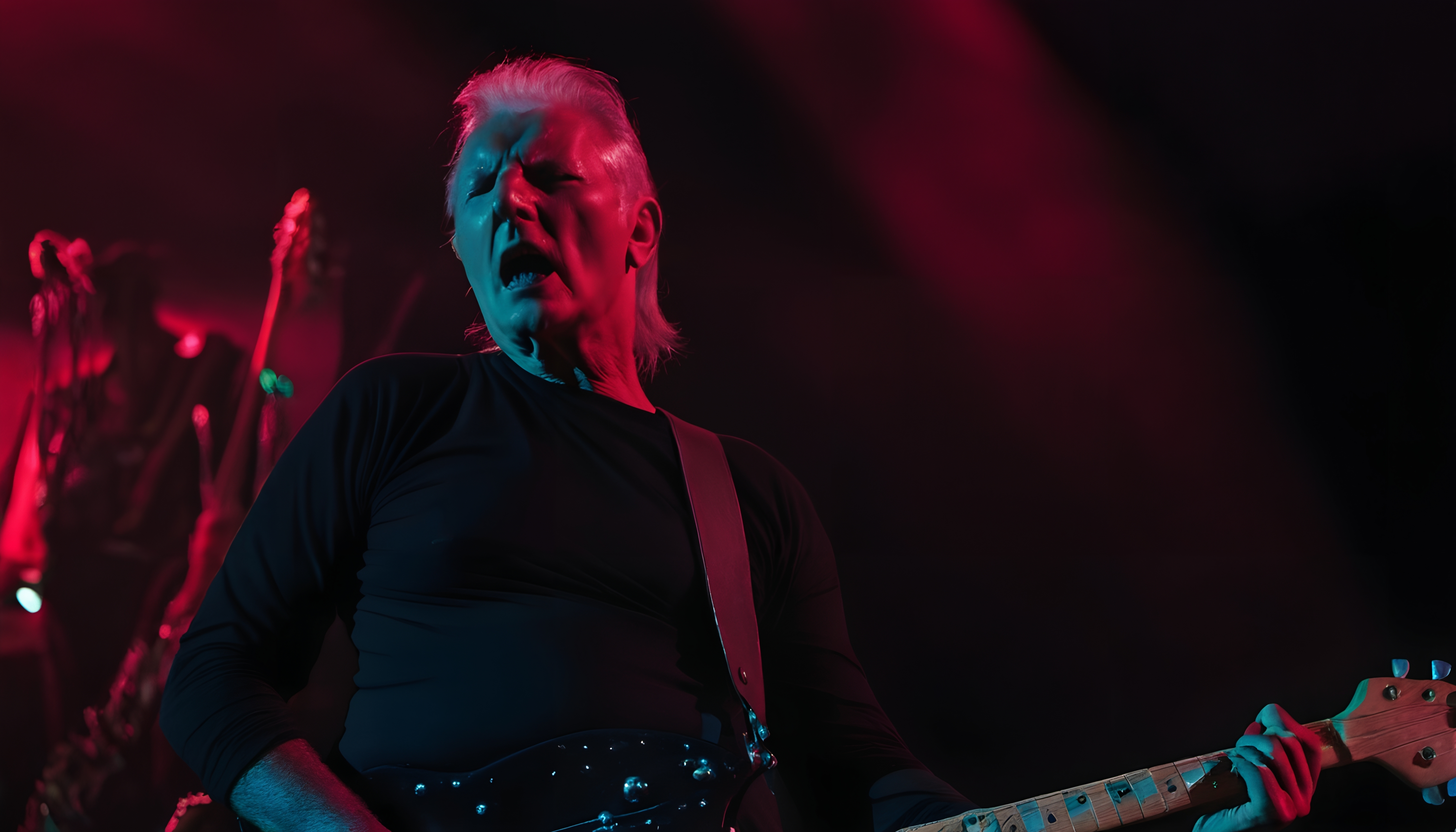 Musician performing energetically on stage with electric guitar in vibrant red and blue lighting.