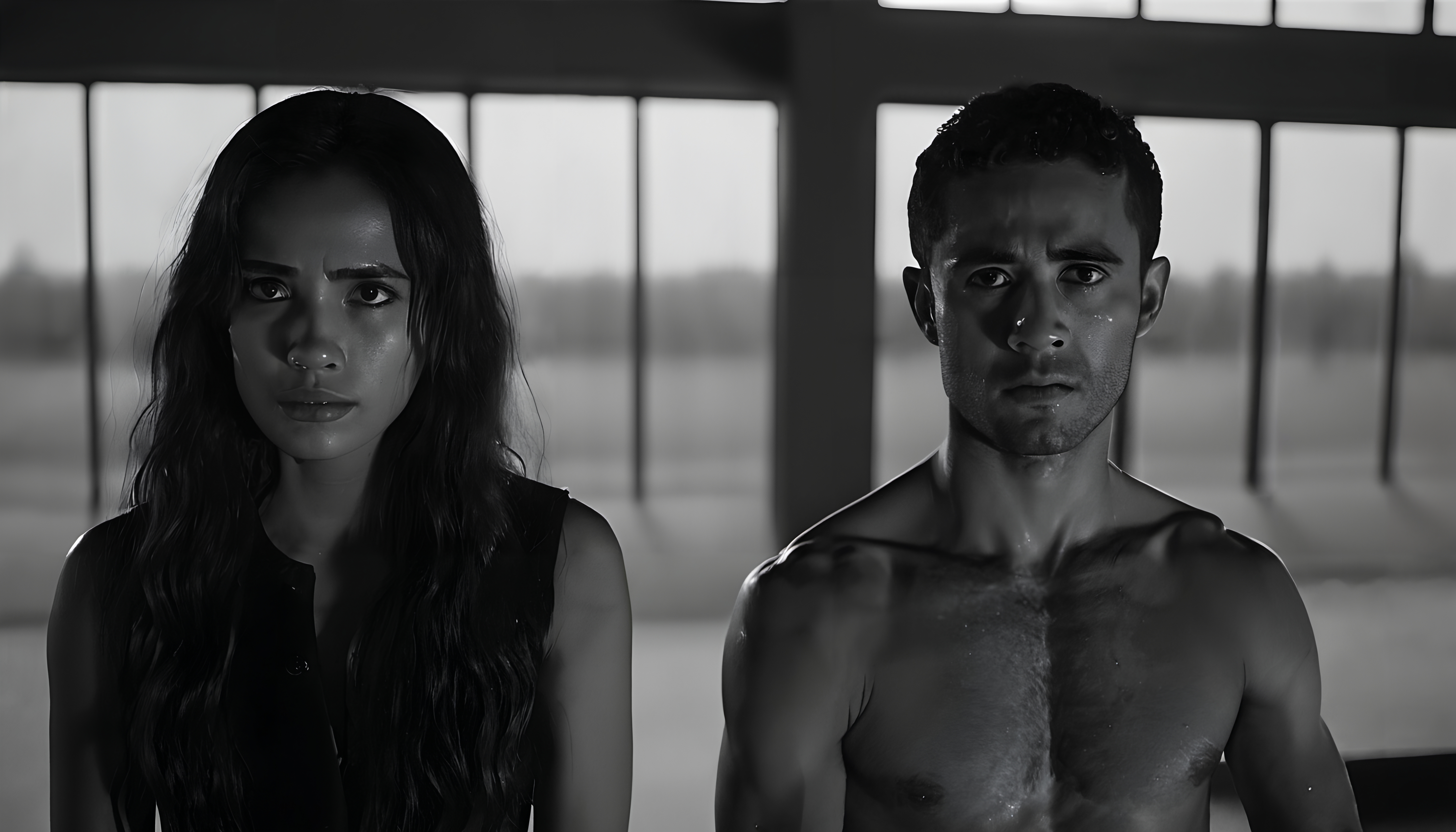 Two people with intense expressions stand in a dimly lit room with large windows.