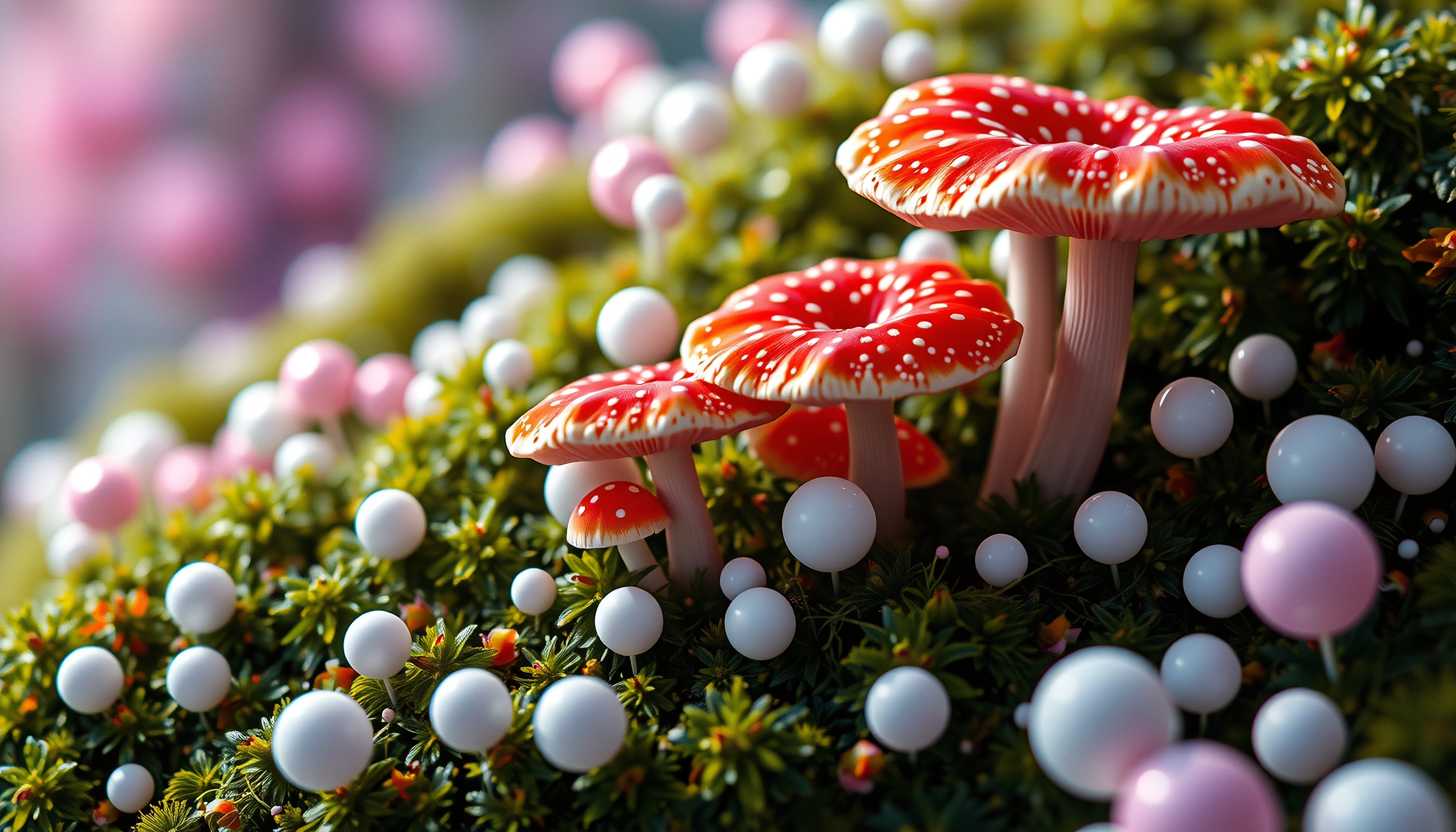 Bright red mushrooms, white spots, surrounded by green moss and small colorful orbs, in a magical forest setting.