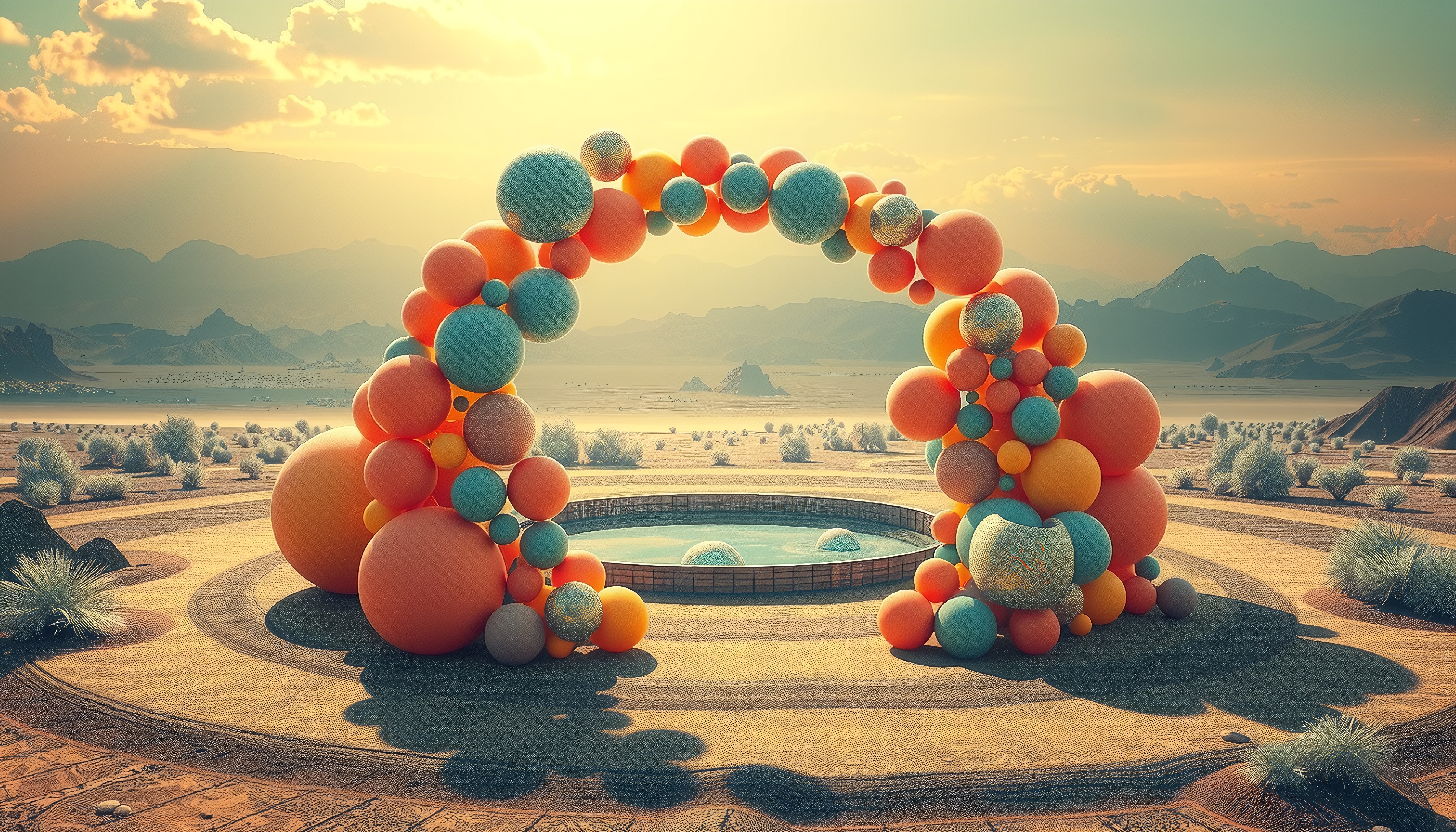 Colorful spheres archway in desert landscape with mountains under bright sky.
