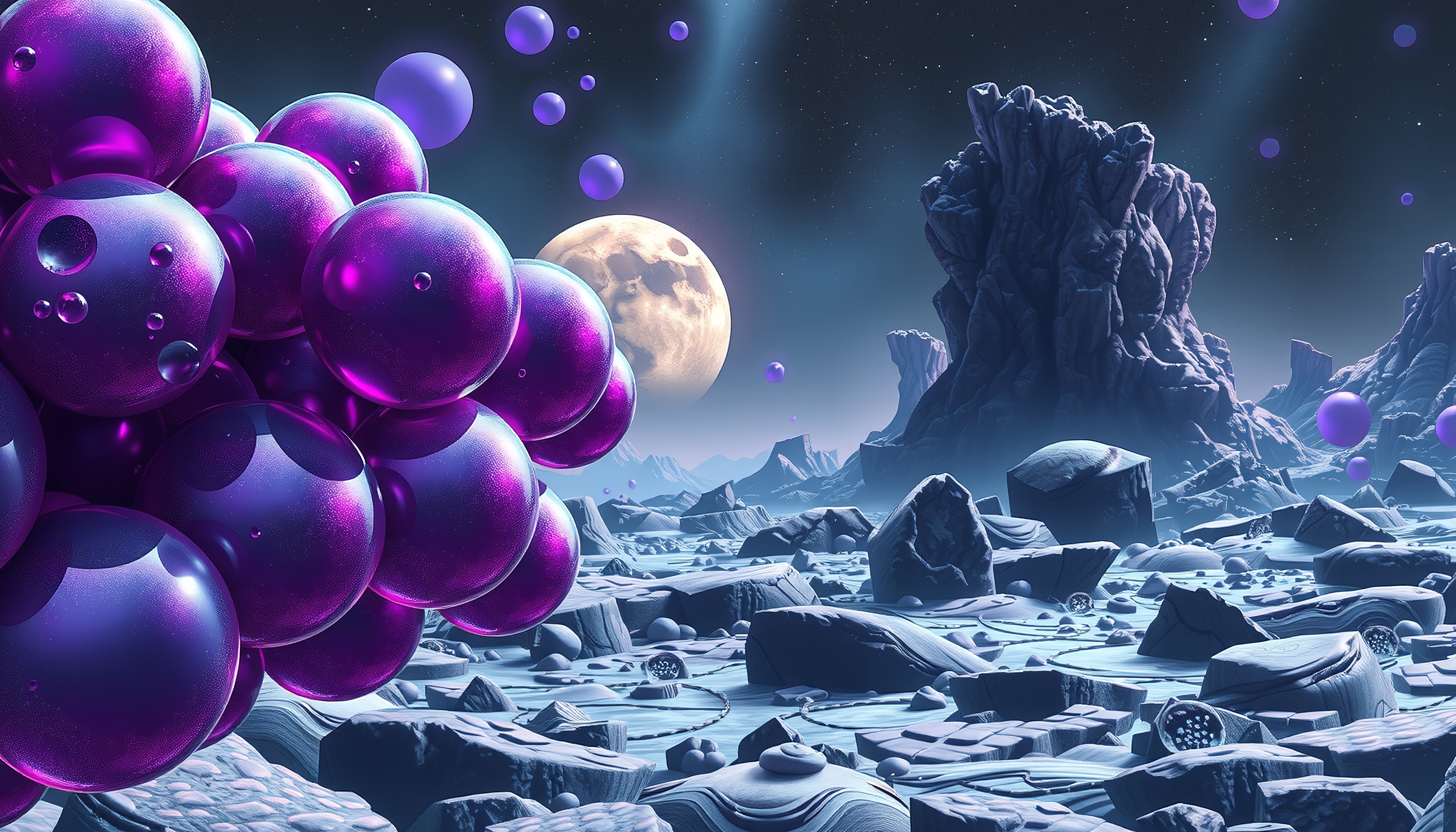 A cluster of purple spheres floats over an alien lunar landscape with distant mountains and a prominent moon.