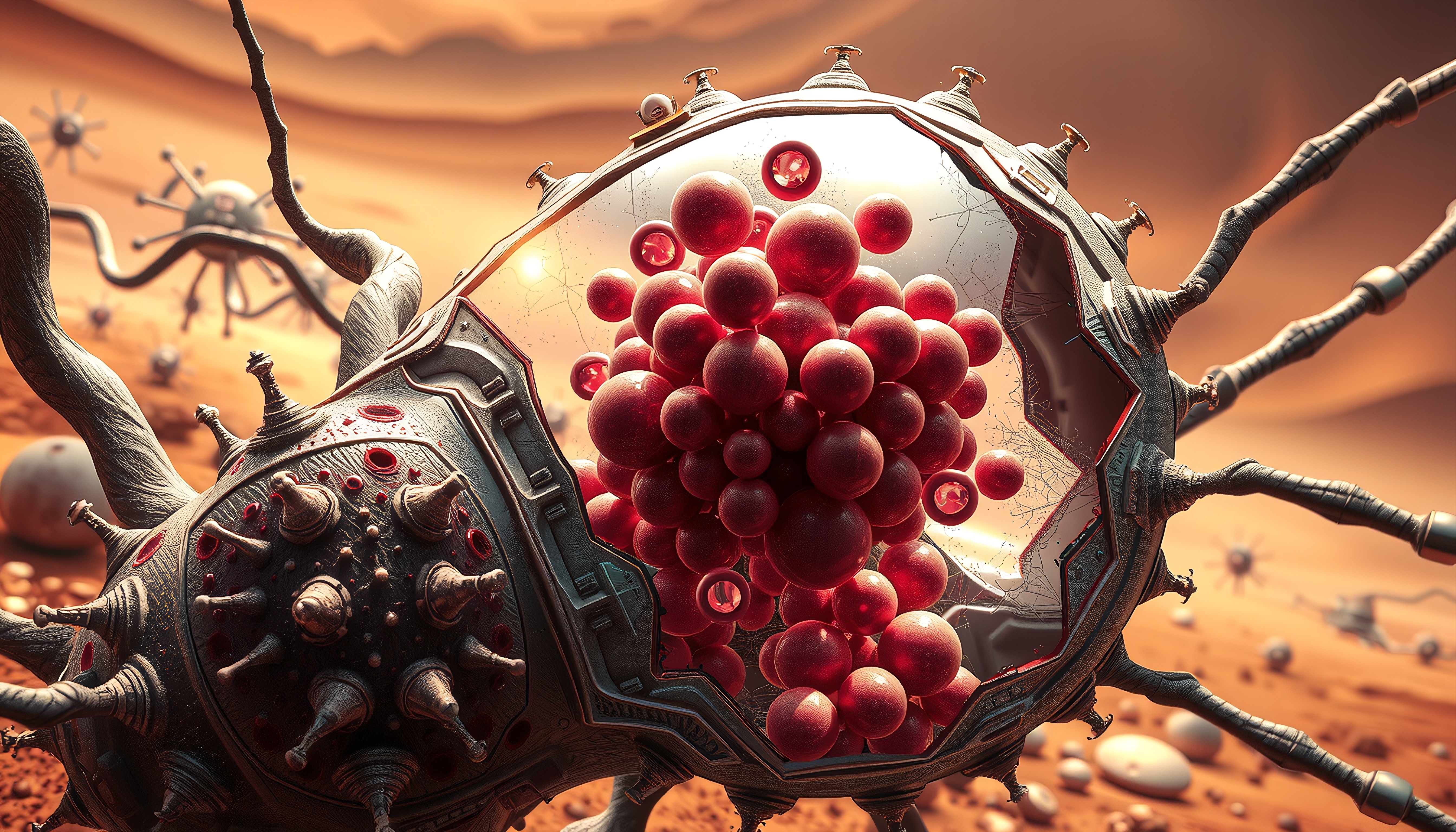 Fantasy image of a futuristic mechanical structure holding red spheres in a sandy environment.