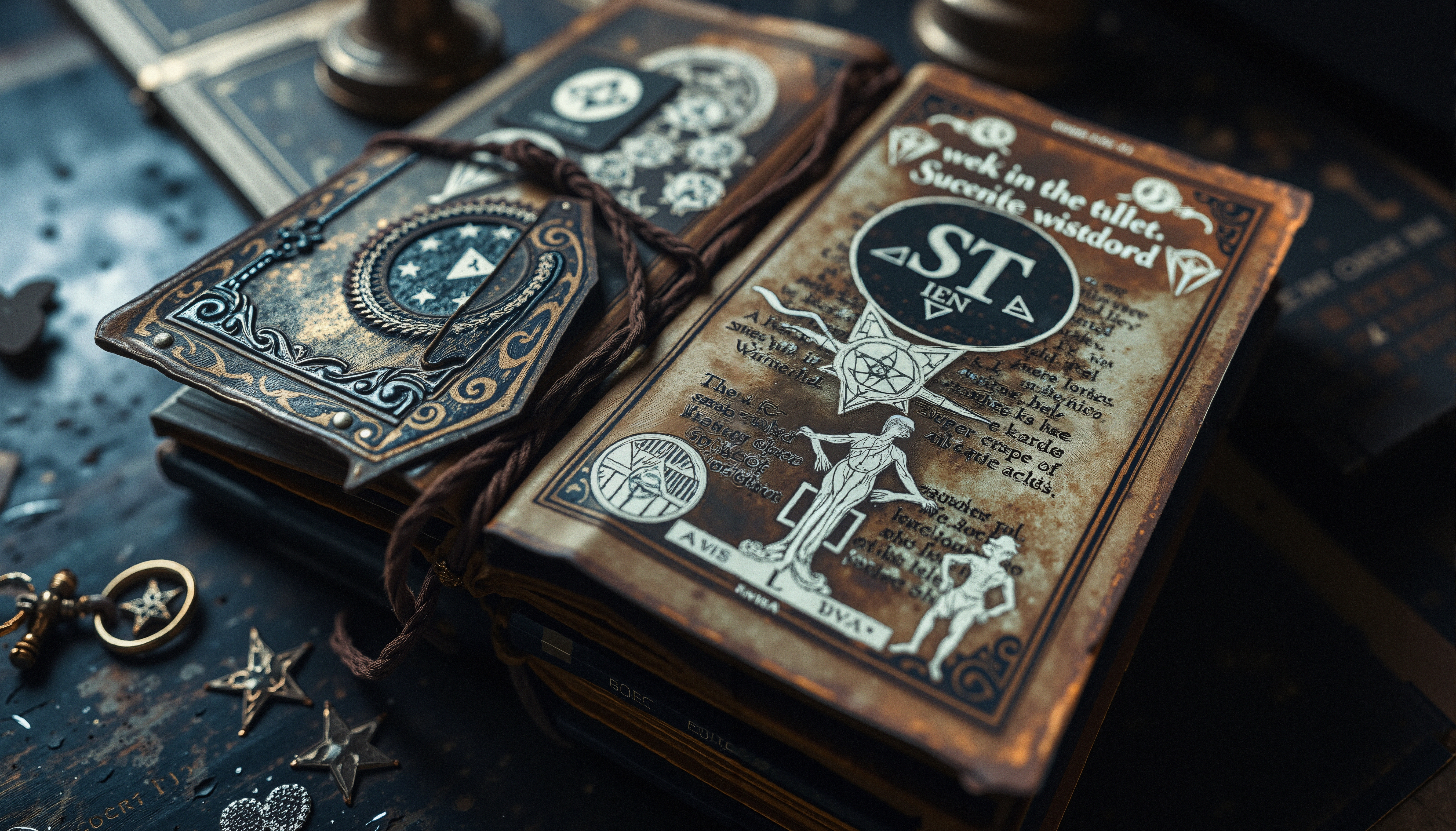 Vintage Arcane Books with Intricate Occult Symbolism on Dark Woo