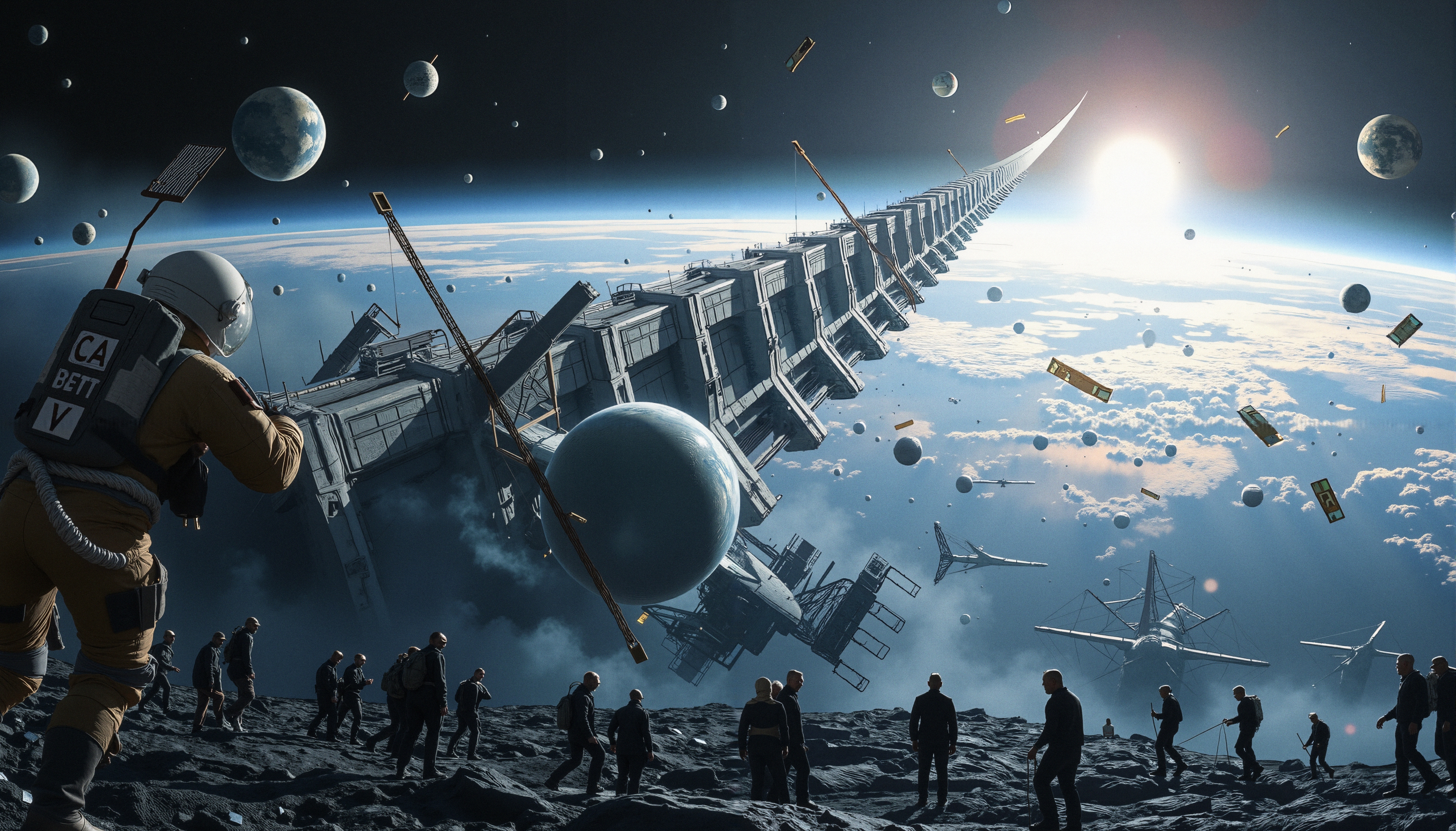Futuristic space exploration with a massive structure and astronauts.