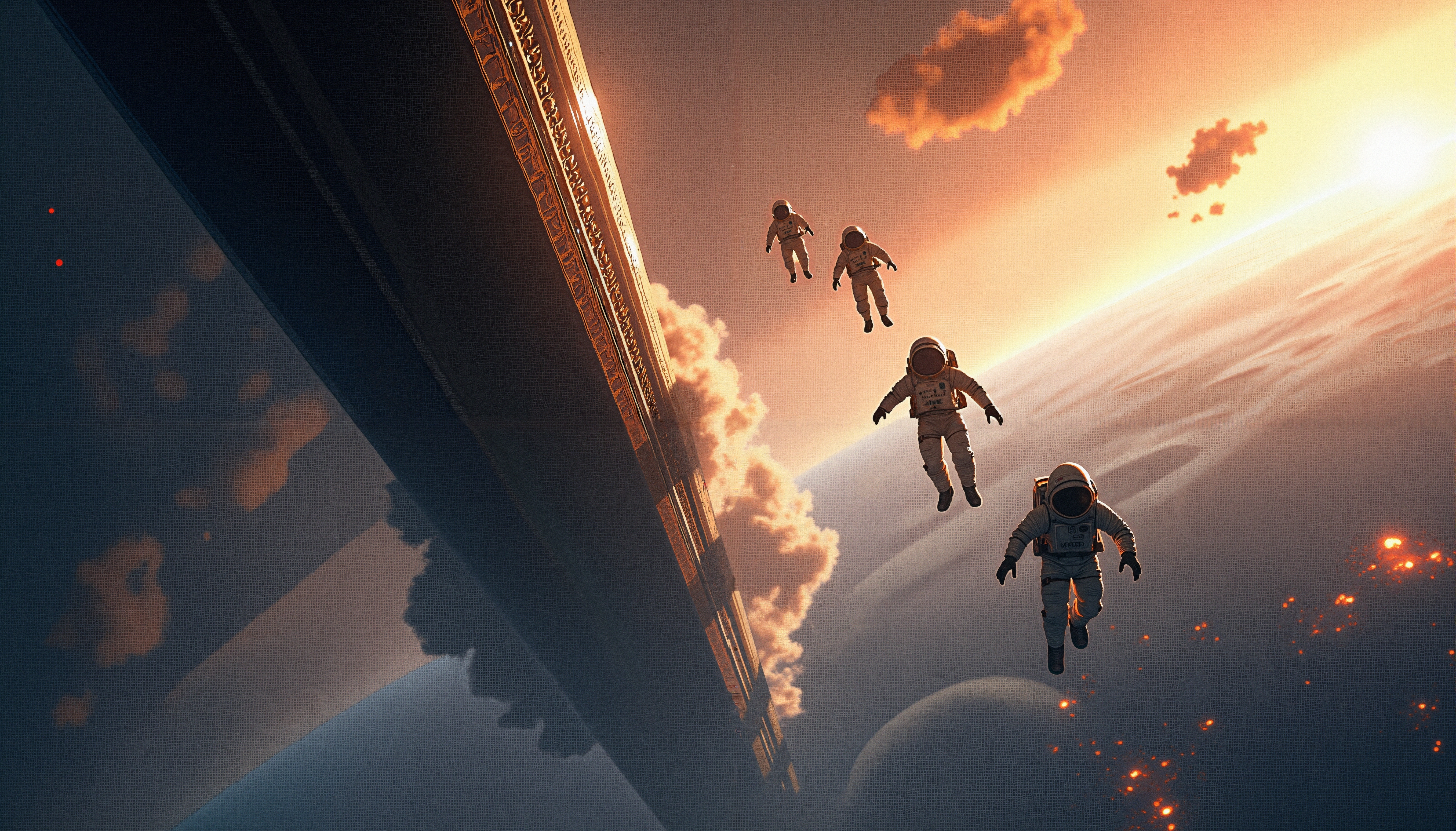 Astronauts floating near a futuristic space station, illuminated by glowing sunlight with clouds below, in a serene space exploration scene.