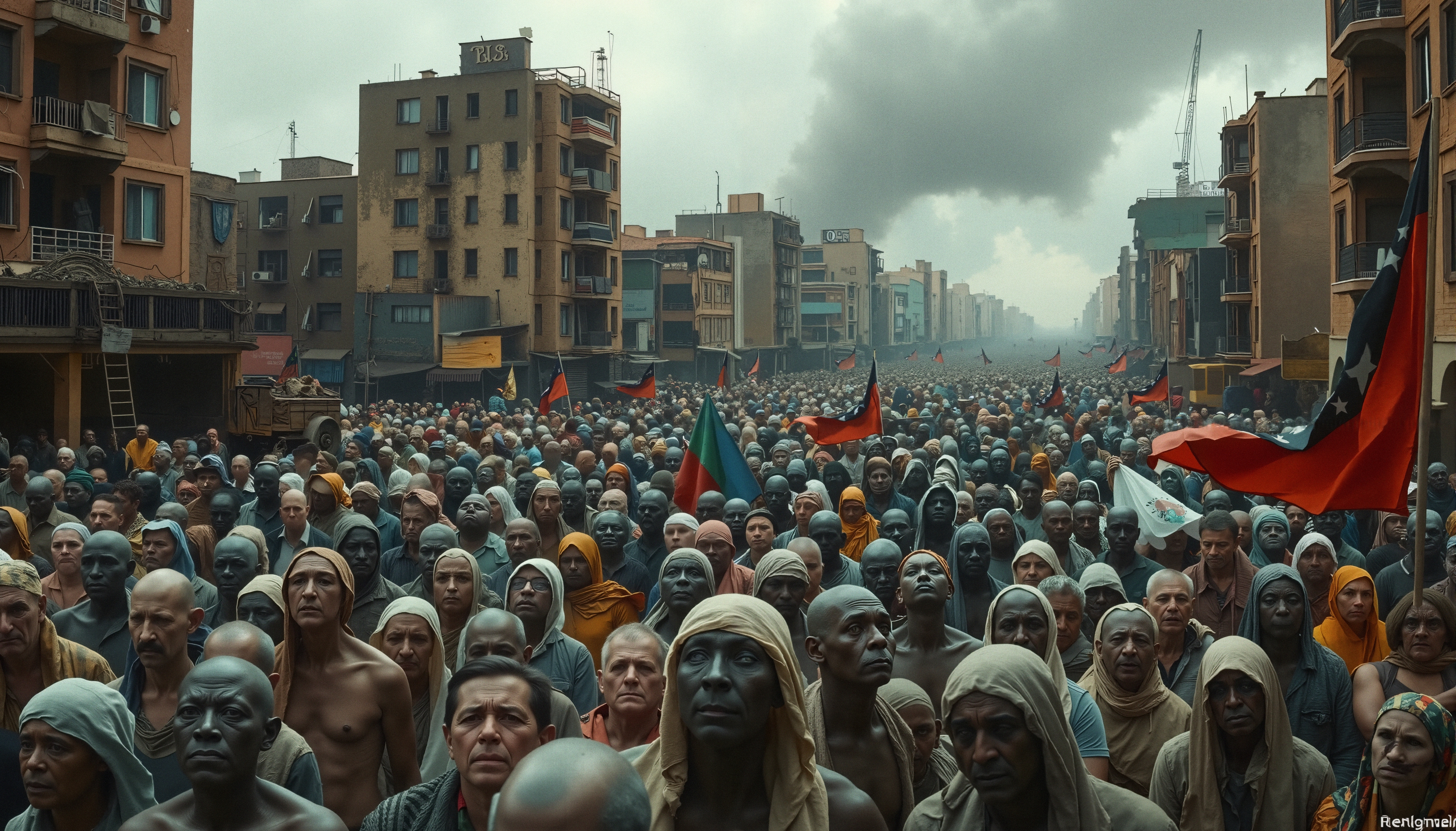 Massive crowd fills a street during a protest with flags under cloudy sky.