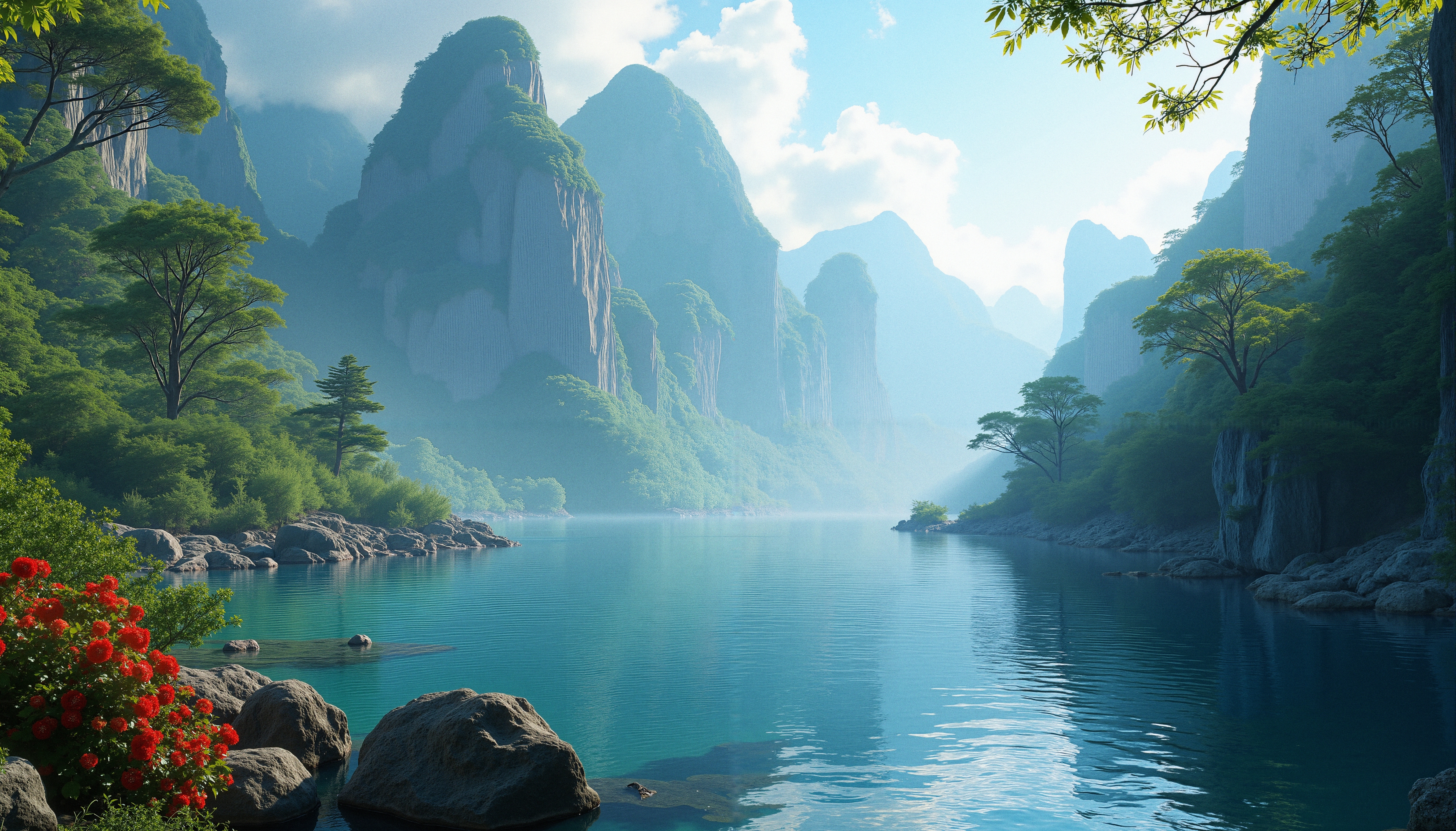 A tranquil river with lush mountains and vibrant foliage in a serene, natural landscape.