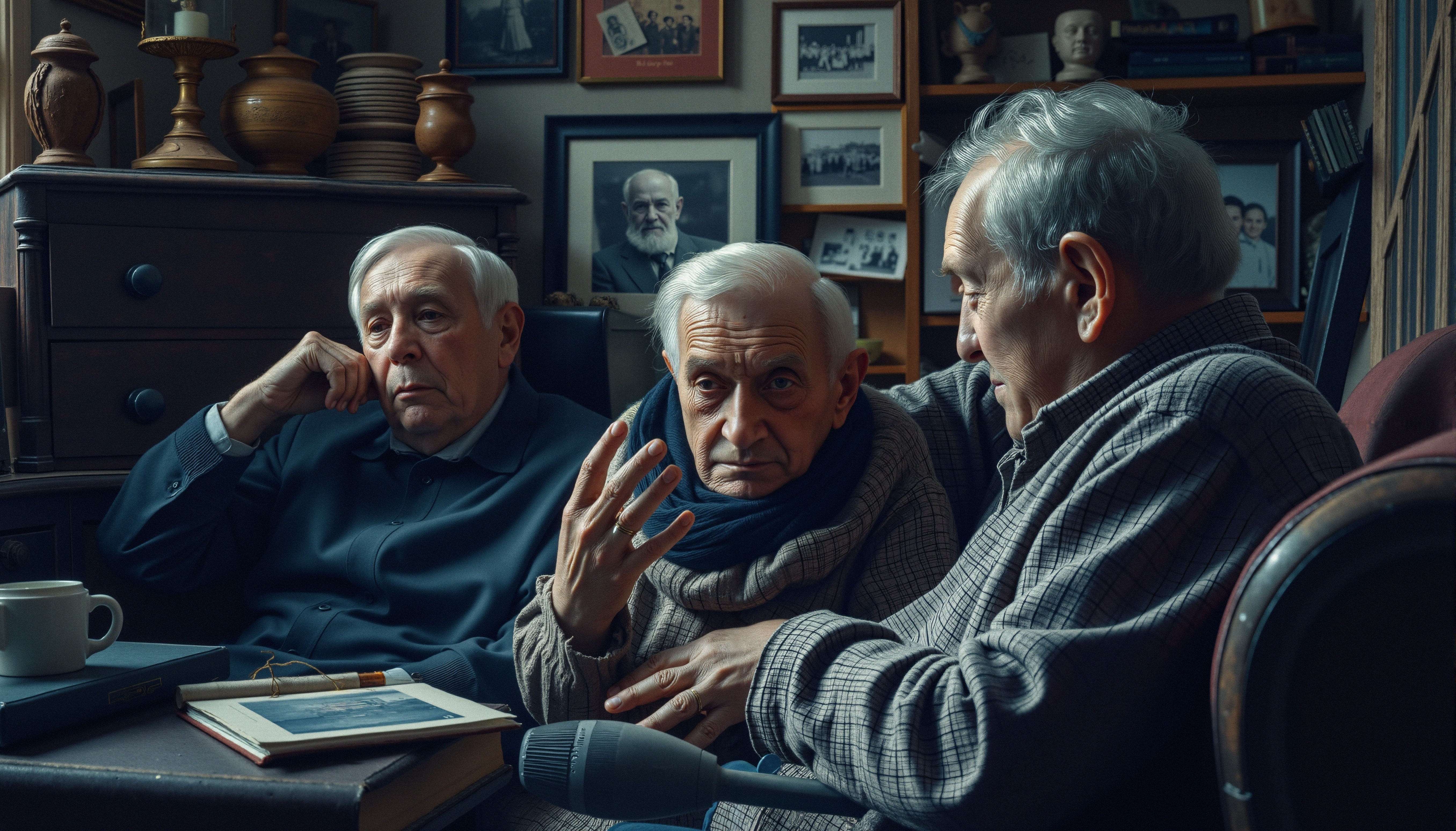 Three elderly men in deep conversation surrounded by vintage decor; warm, cozy atmosphere suggests nostalgia and wisdom sharing.